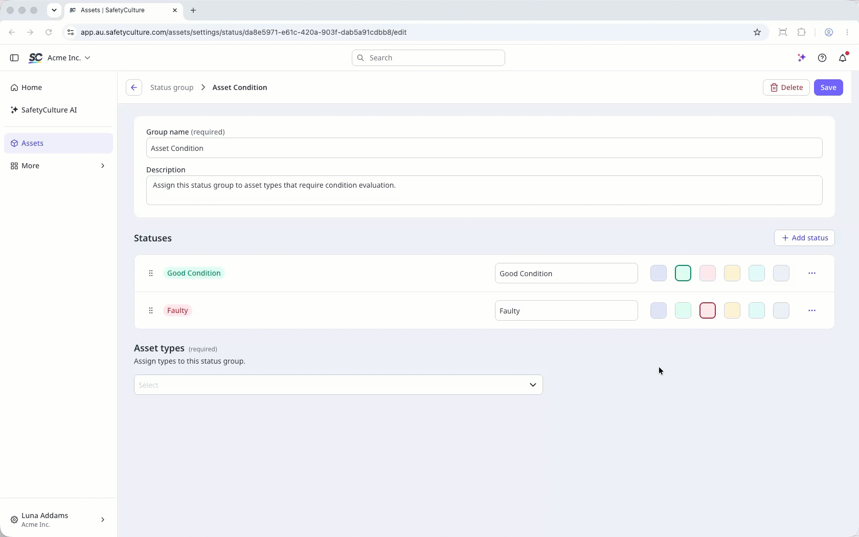 Click + Add status to create a new status, then select an asset type to assign to the group.