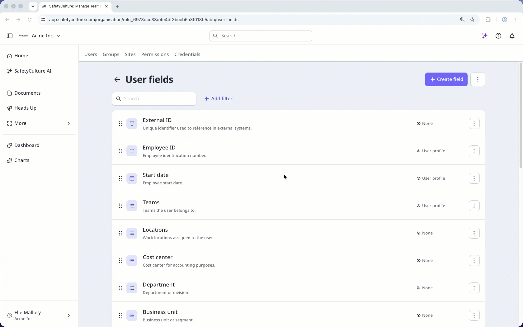 Open the three-dot menu next to Create field to view archived fields, then select the archived field's three-dot menu to restore the field.
