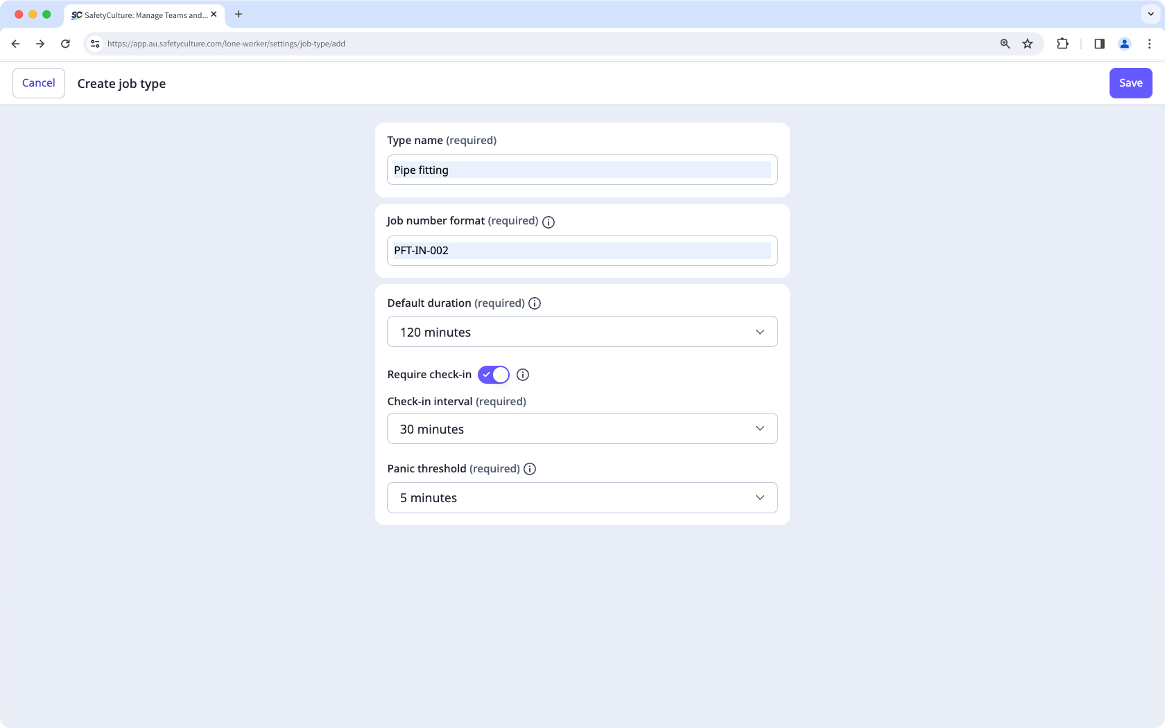 Add a job type in Lone Worker via the web app.