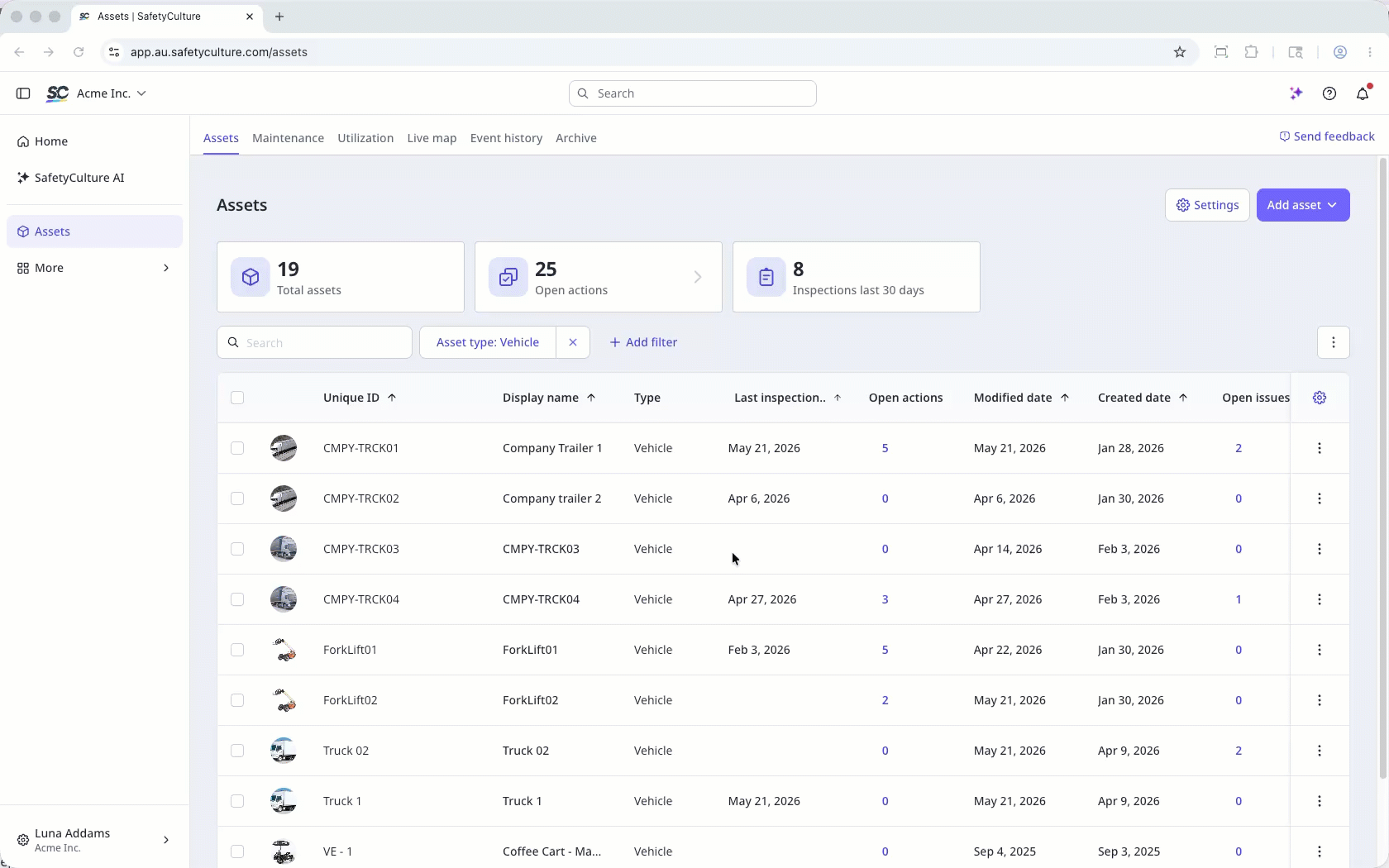 Click the gear icon in the upper-right corner of the asset list to select the columns to display.