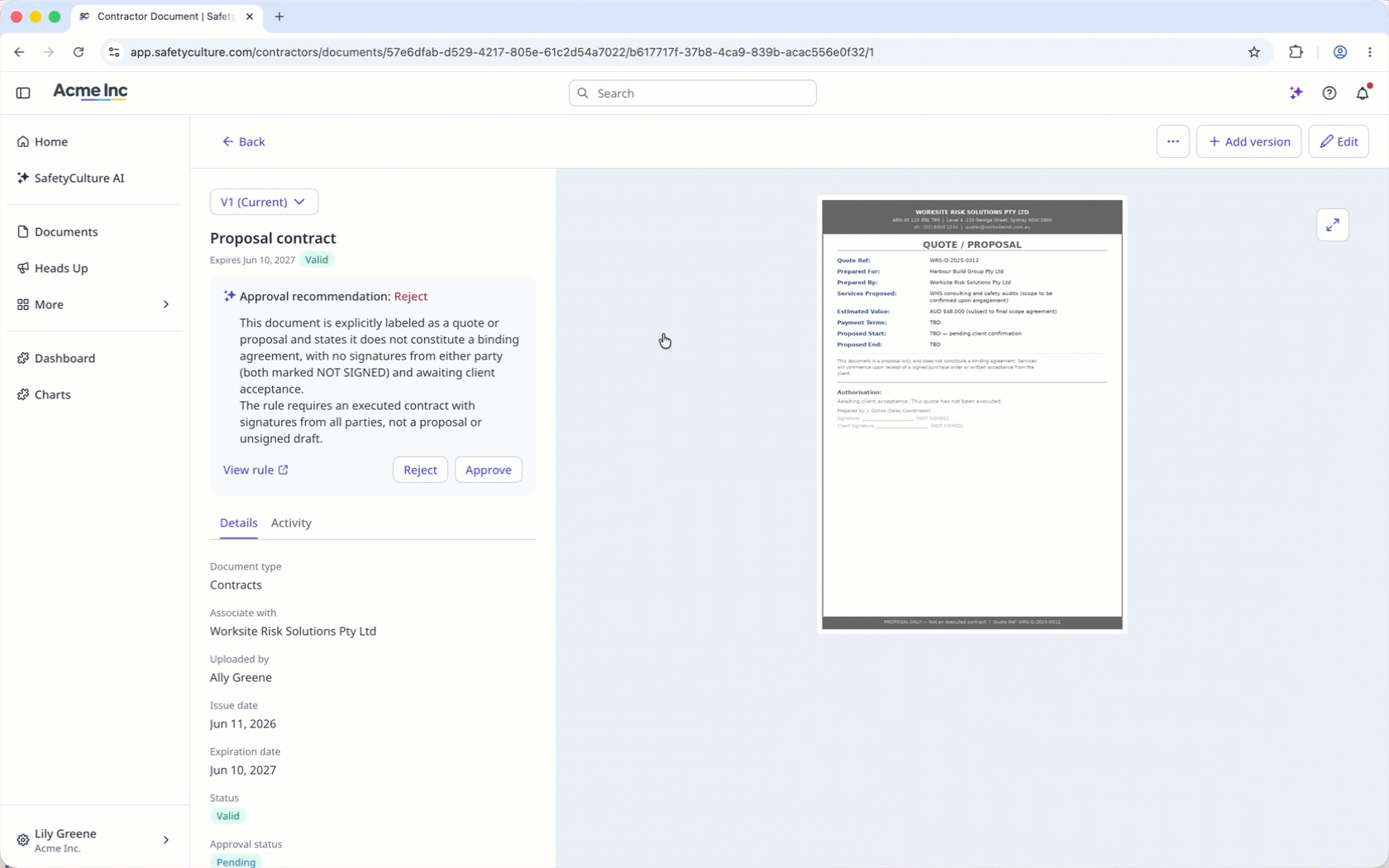 Select a document and reject it based on the AI approval recommendation.