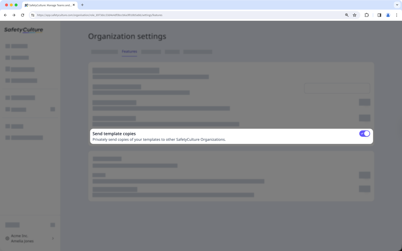 Active o desactive el envío de copias de plantillas para su organización a través de la aplicación web.