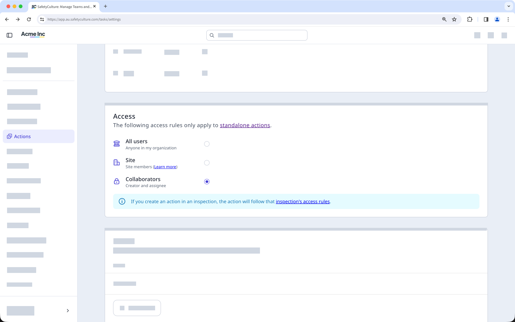 Configure access for standalone actions via the web app.