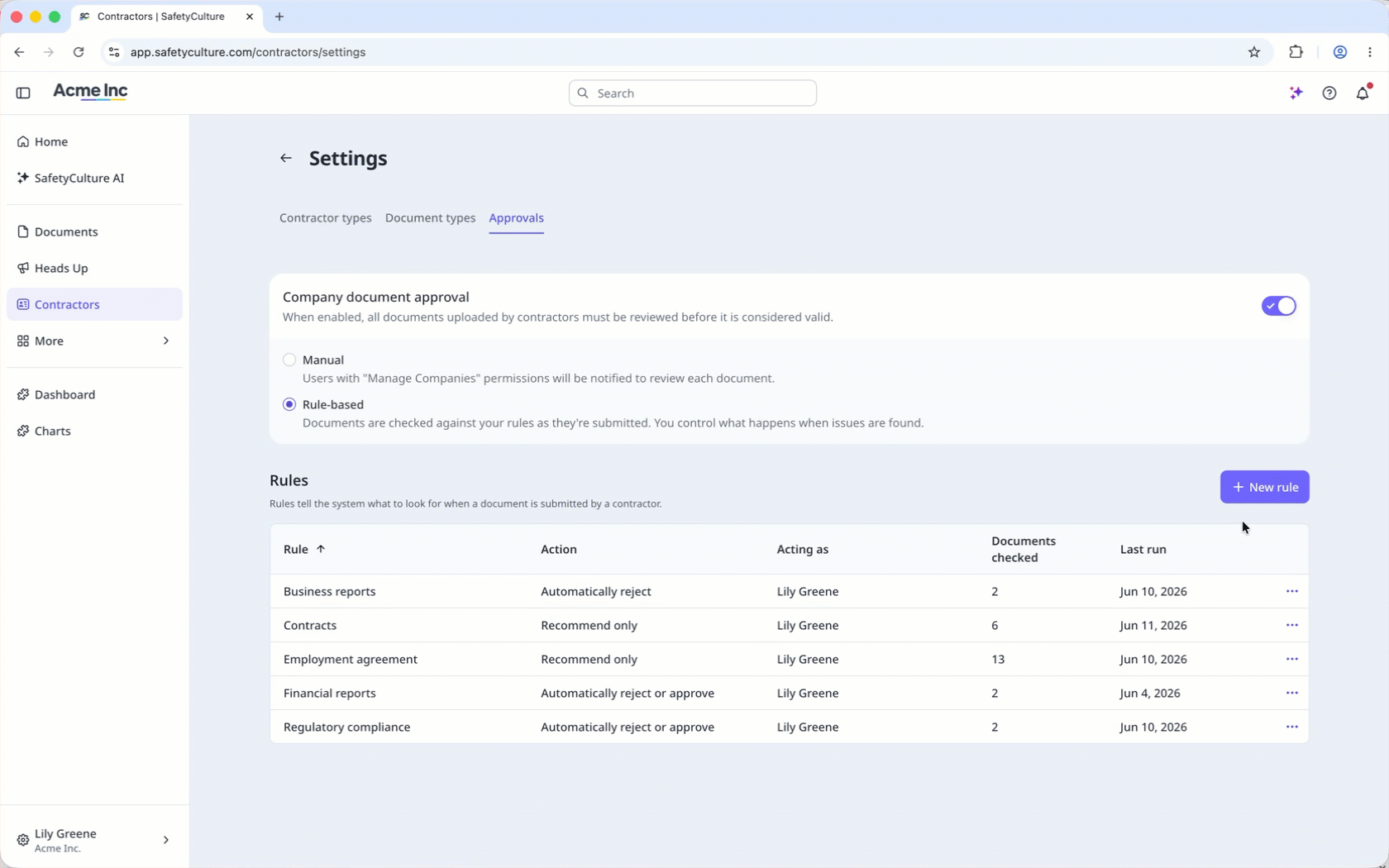 Select a document type, enter a description, and select an action mode to add a document approval rule.