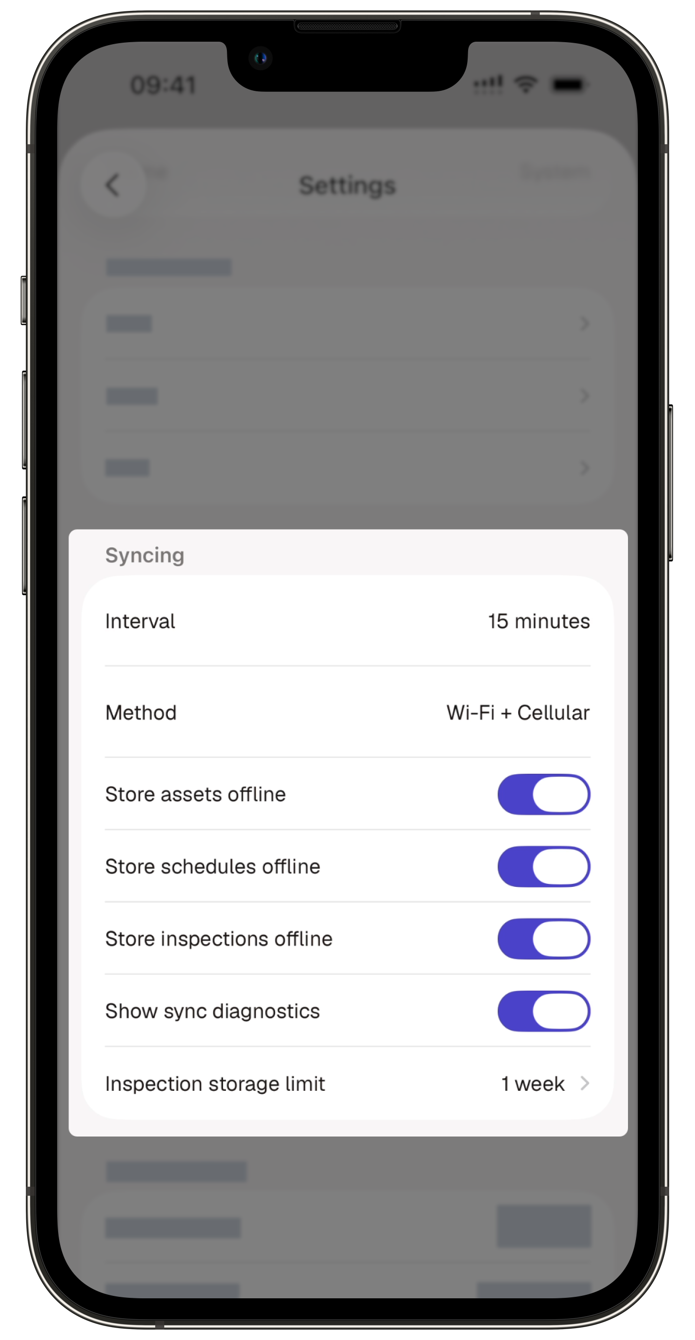 The list of syncing settings on the mobile app.