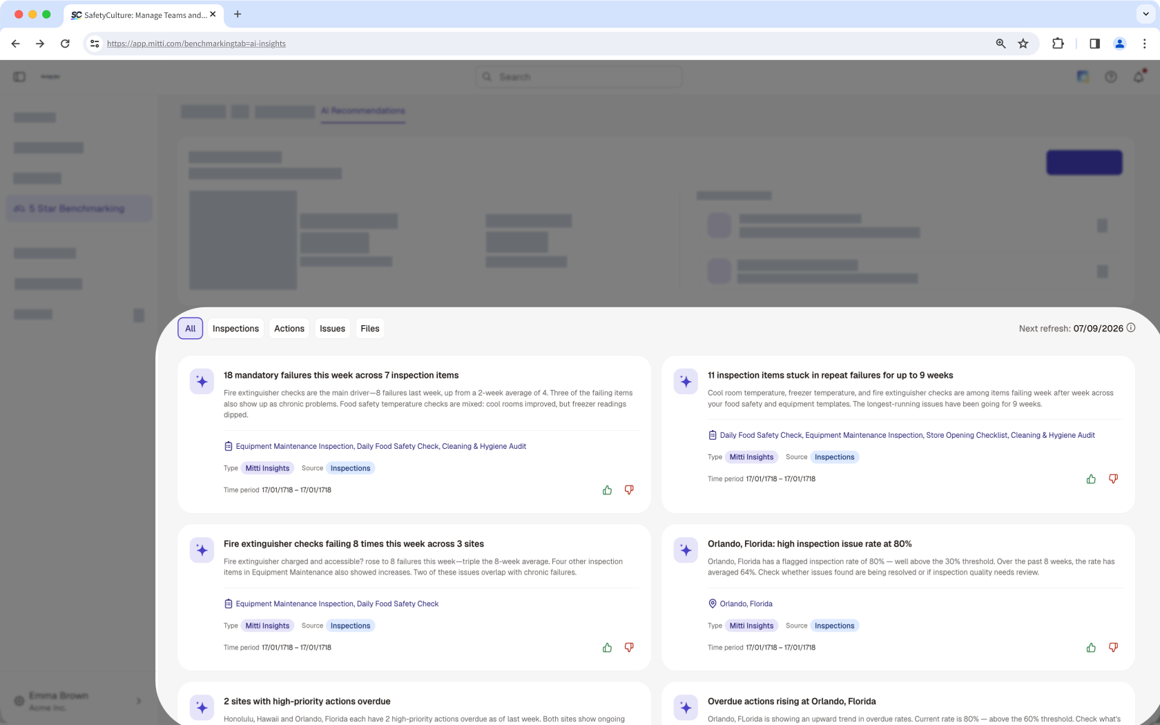 The AI Recommendations page showing the insight cards.