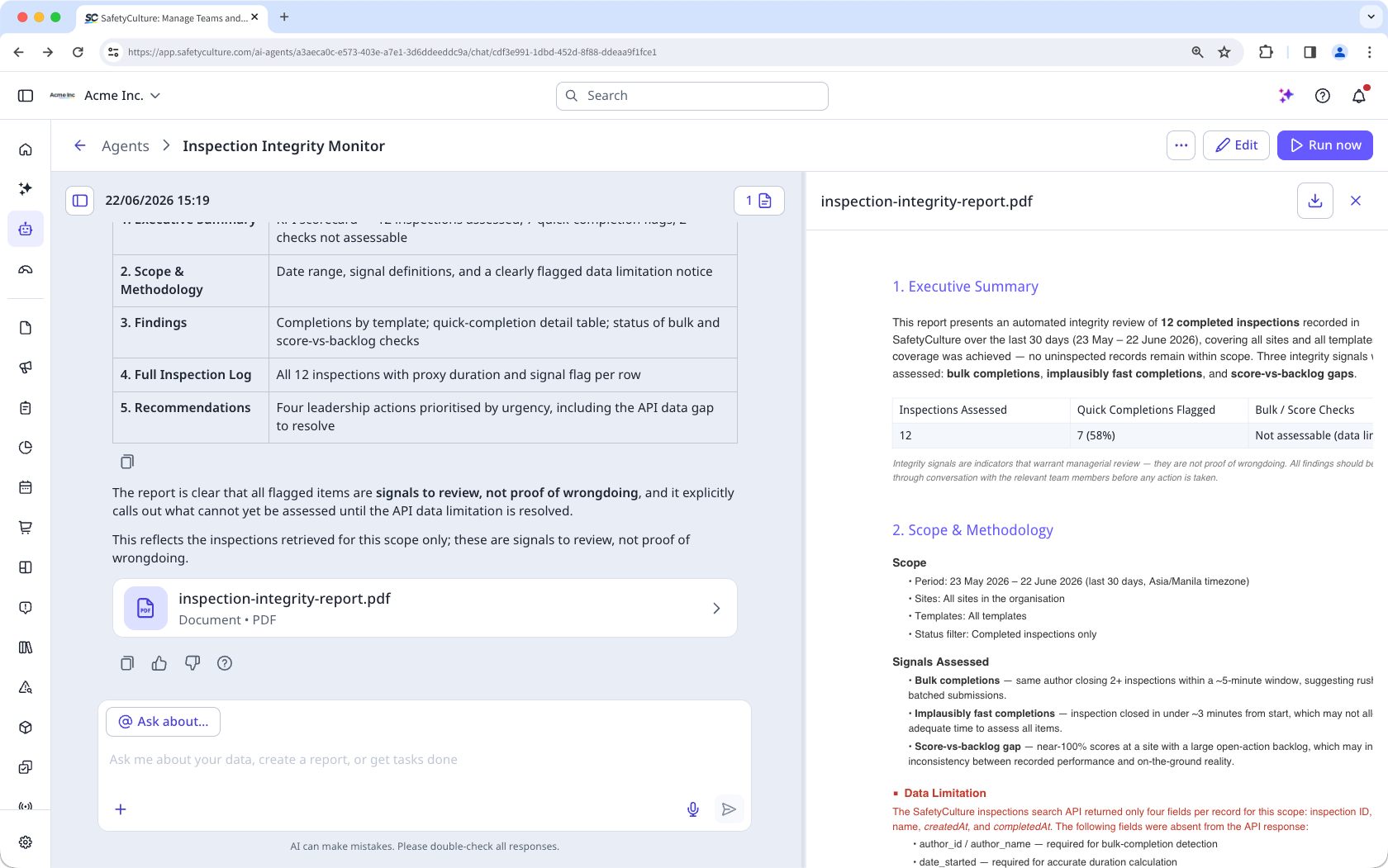 An agent conversation with a preview of the generated PDF report based on its findings.