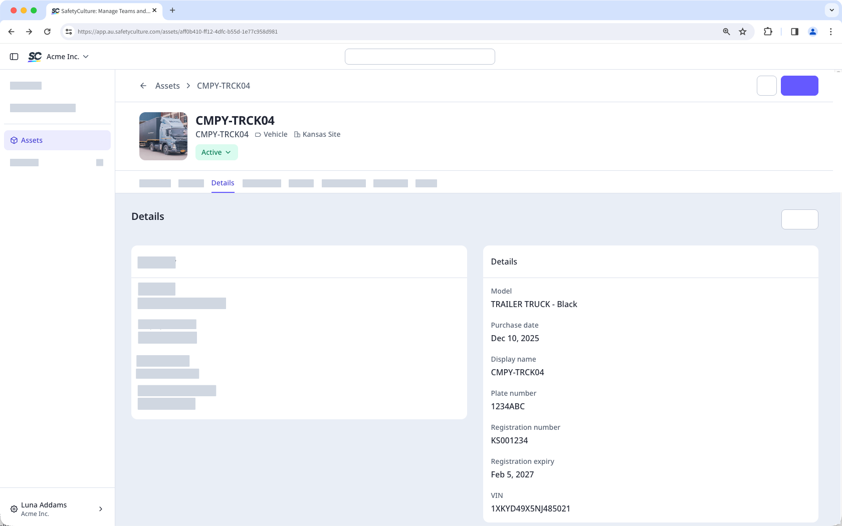 The Details tab of the asset profile showing the Model, Purchase date, Display name, and Plate number fields.