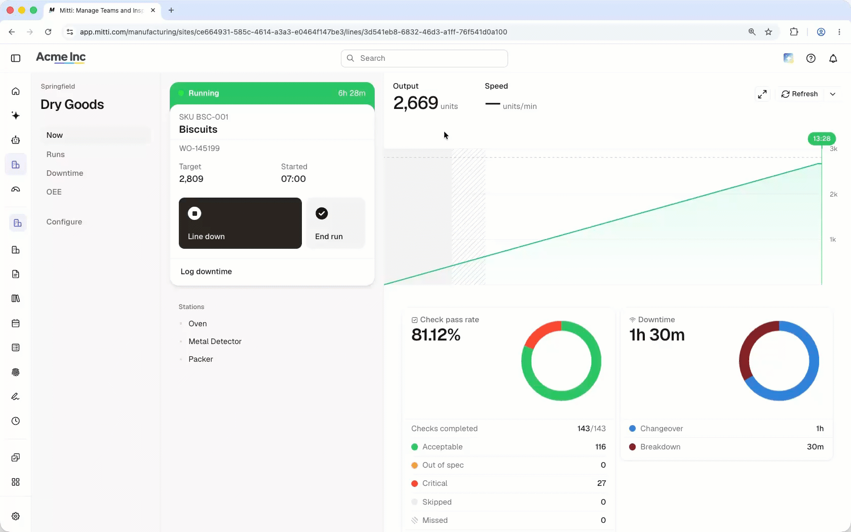 Erfassen Sie Ausfallzeiten während eines Produktionsdurchlaufs über die Web-App.