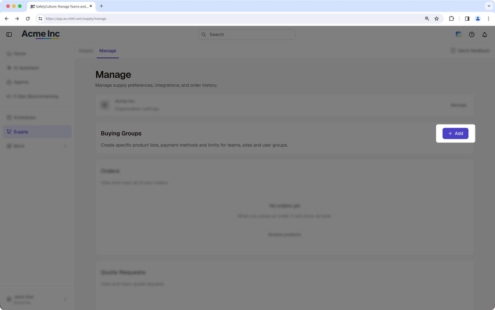 The Manage page showing the option to add buying groups.