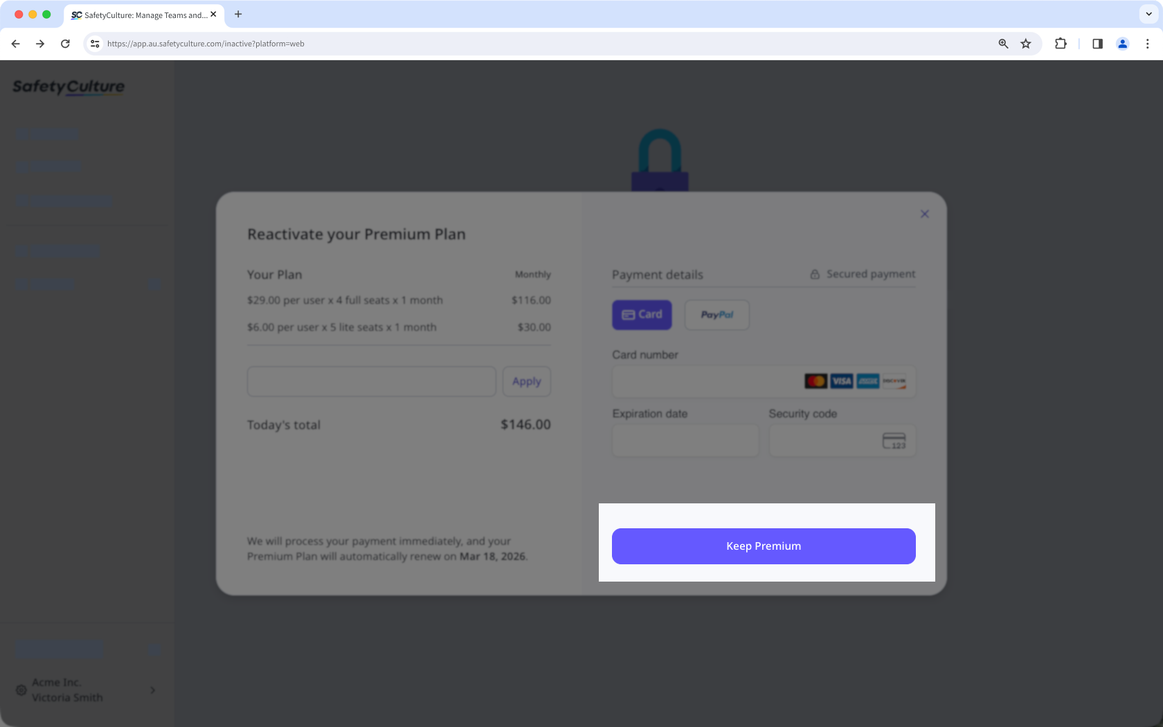 Le bouton « Conserver Premium » visible dans la fenêtre contextuelle de paiement.