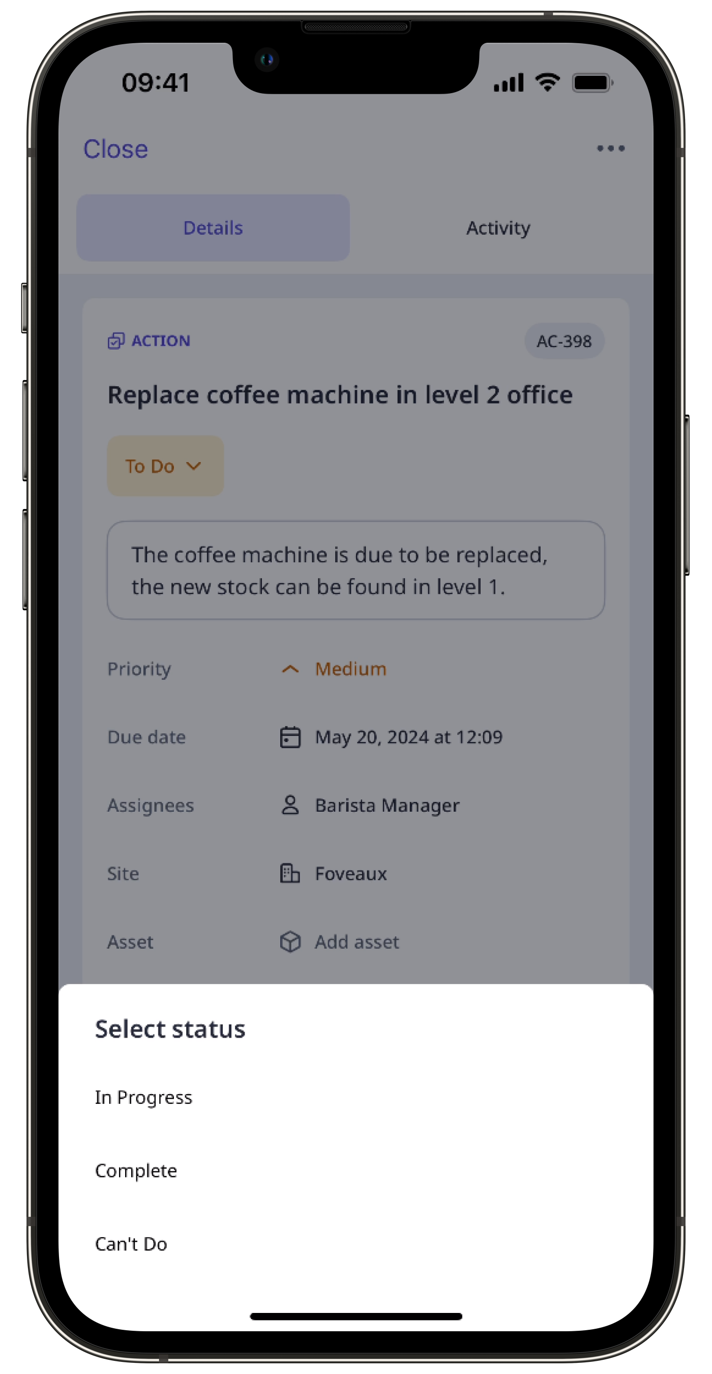 Mithilfe der Mobile-App eine Aktion in einen Status verschieben.