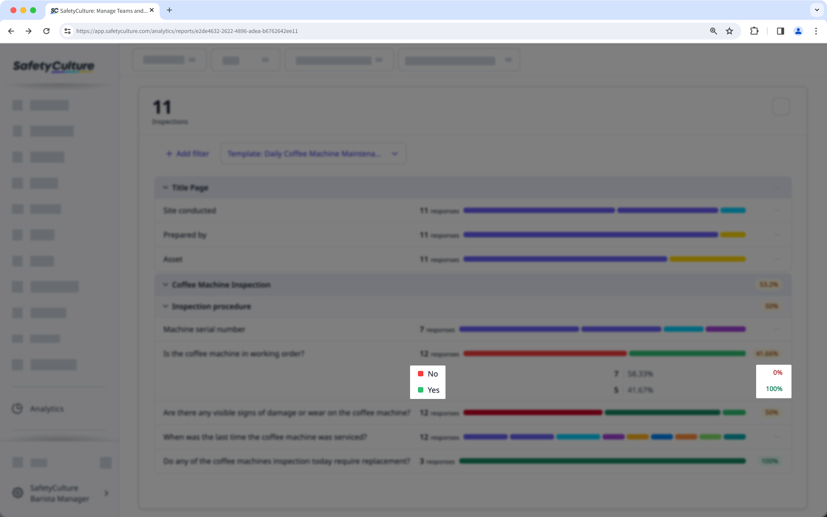 Affichez les scores de réponse à travers les inspections avec le type de graphique Tableau des réponses à partir l'application Web.