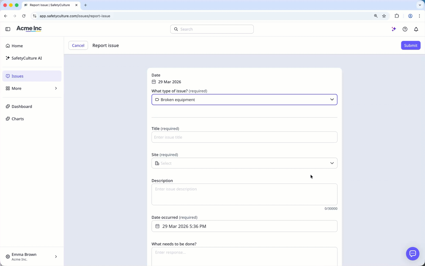 Report an issue with required issue fields and custom questions.