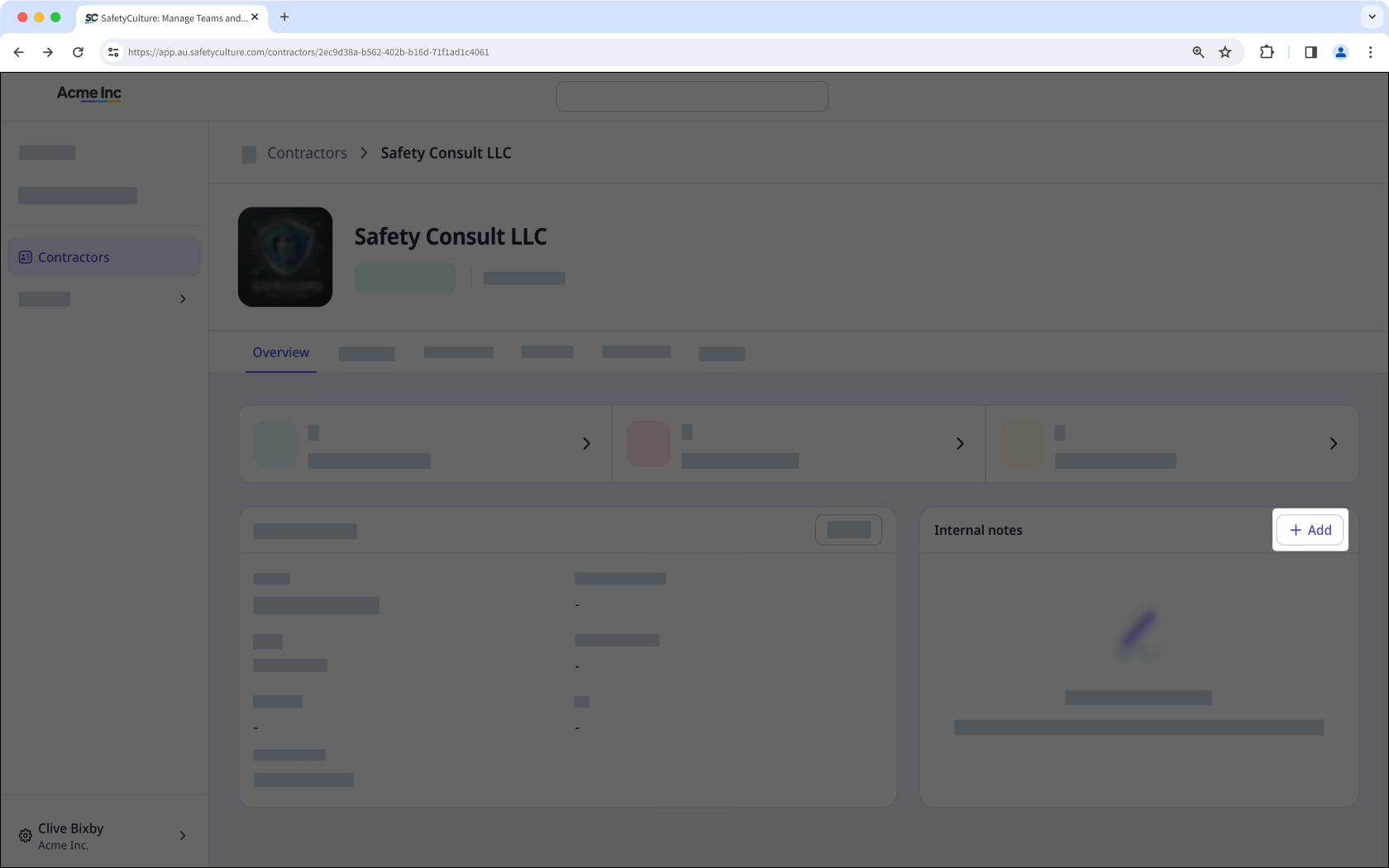 The company profile showing the 'Add' button to update the internal notes.