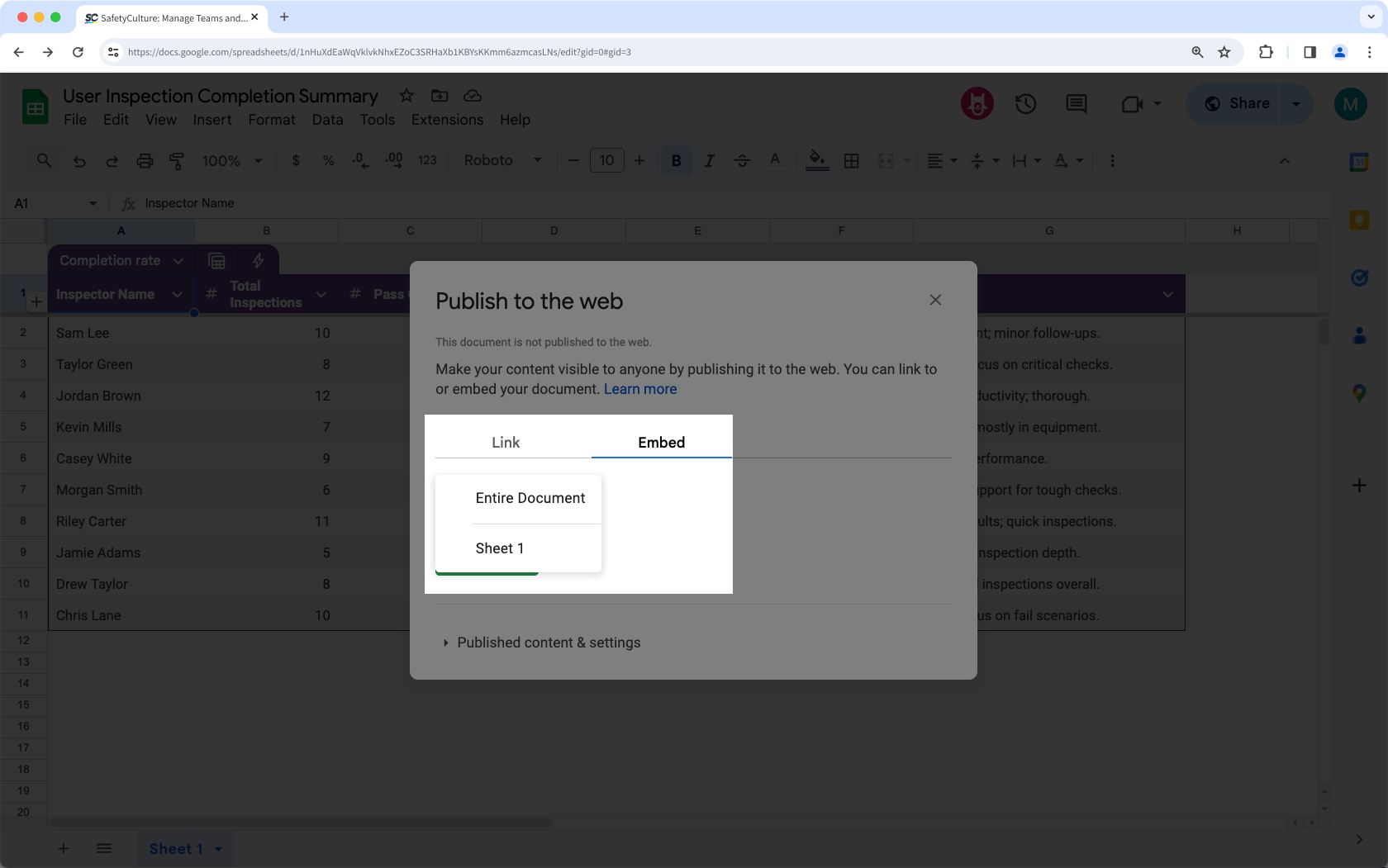 Obtenir le lien d'incorporation Google Sheets.