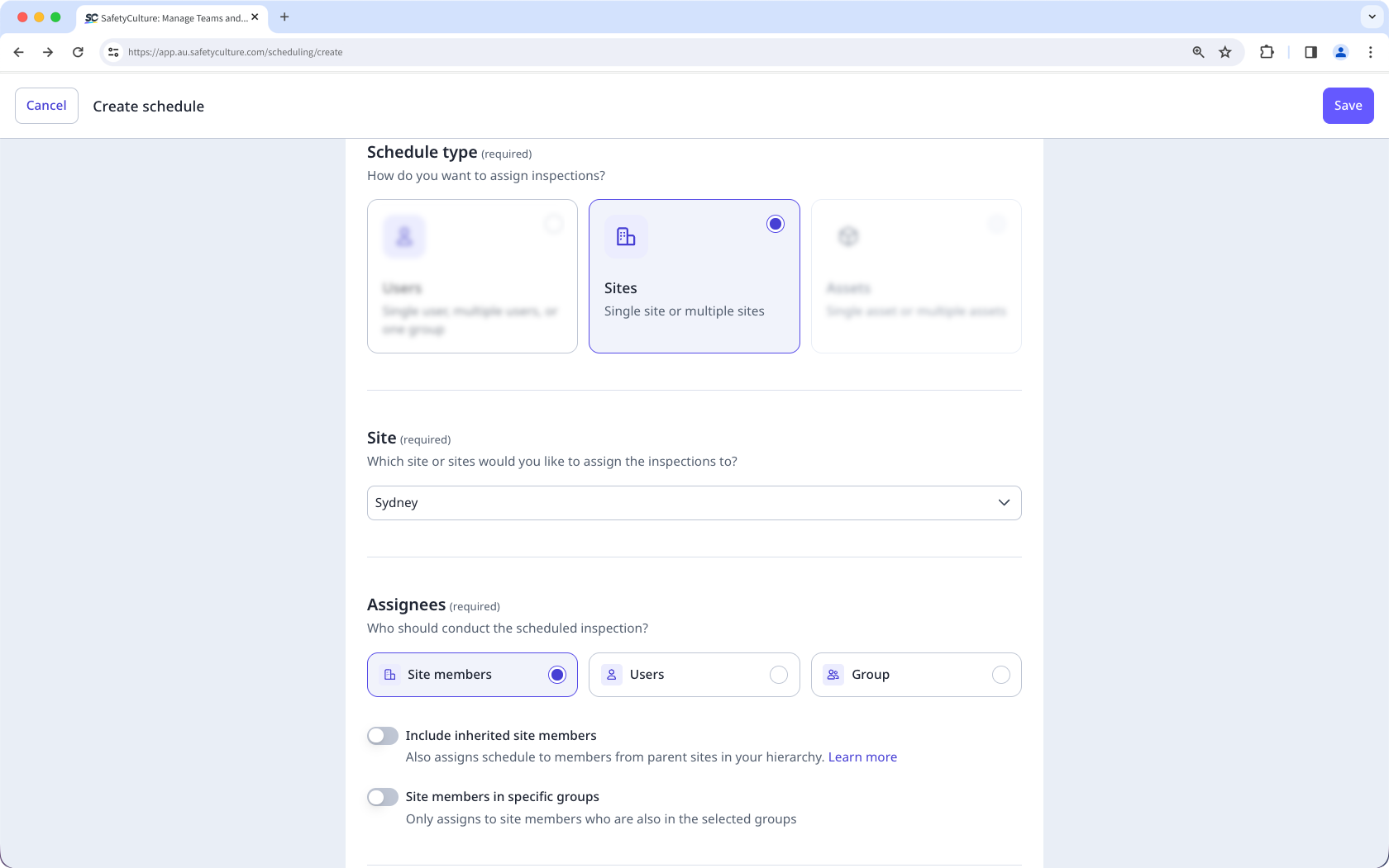The "Site" schedule type option in the new Schedules experiece