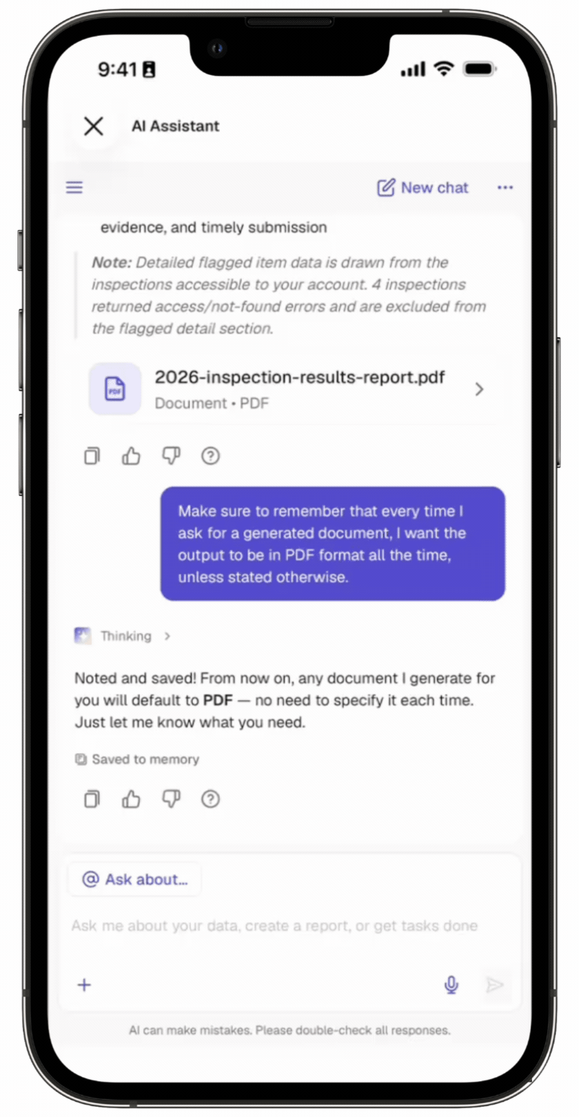 In the pop-up window, tap "Add note" to add information you want the AI Assistant to remember in chats moving forward.