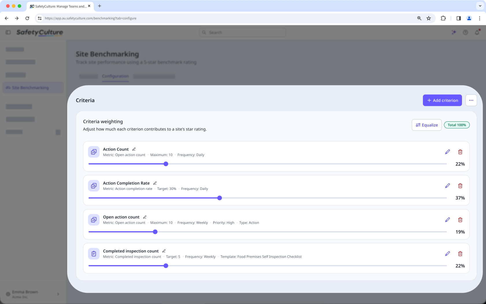 La página «Configuración», en la que se muestra la lista de criterios.