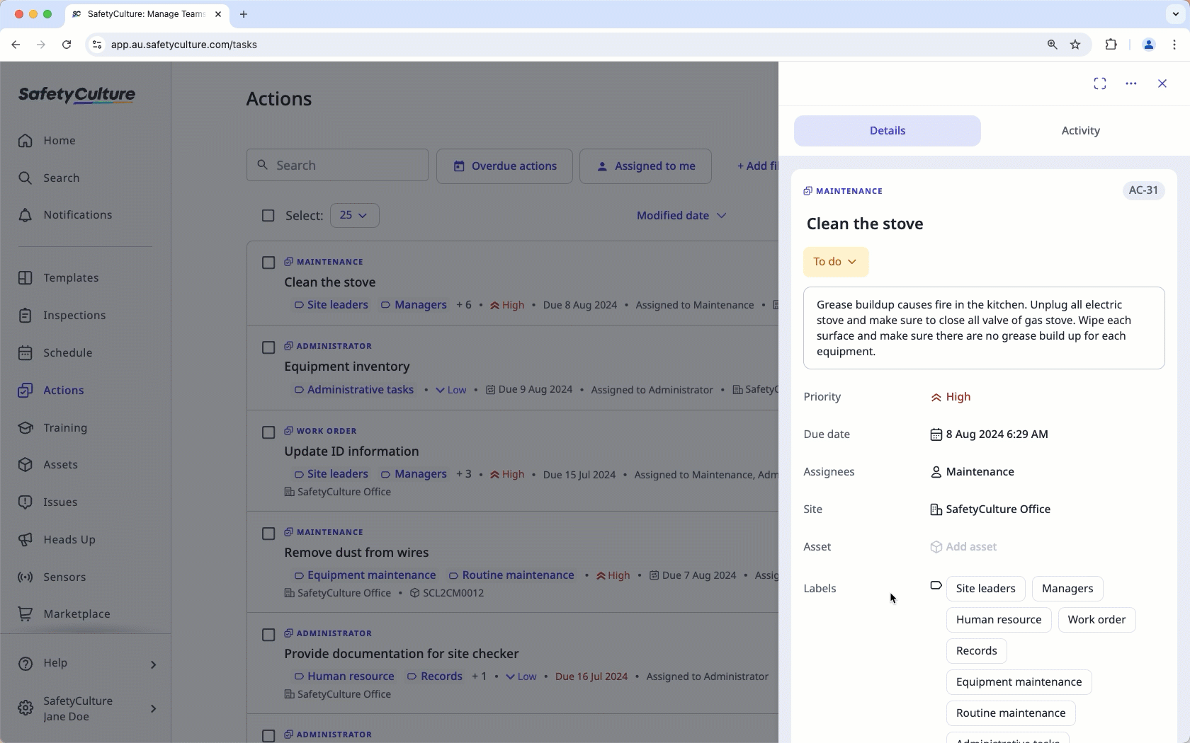 Add or remove labels to an action via the web app.