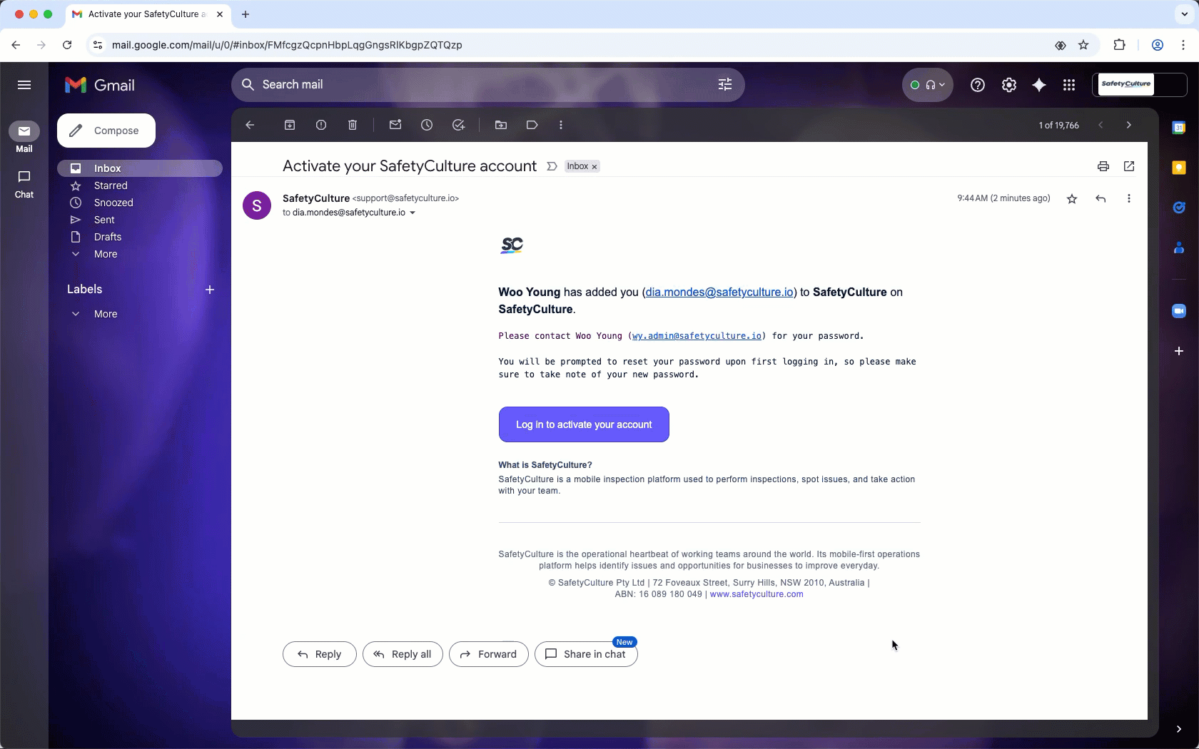 Reset the account password on the first login via the web app.