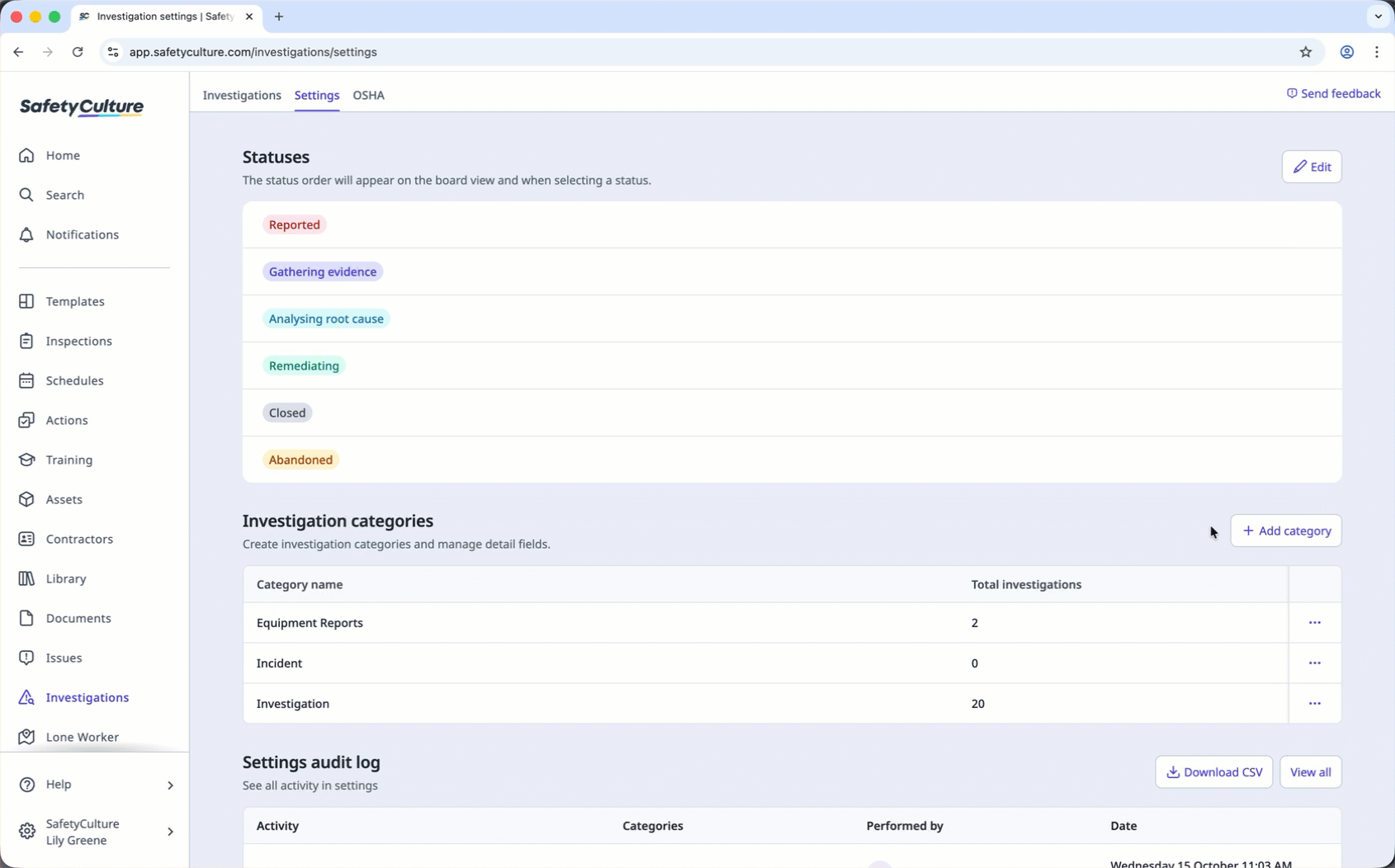 Create an investigation category and detail fields via the web app.