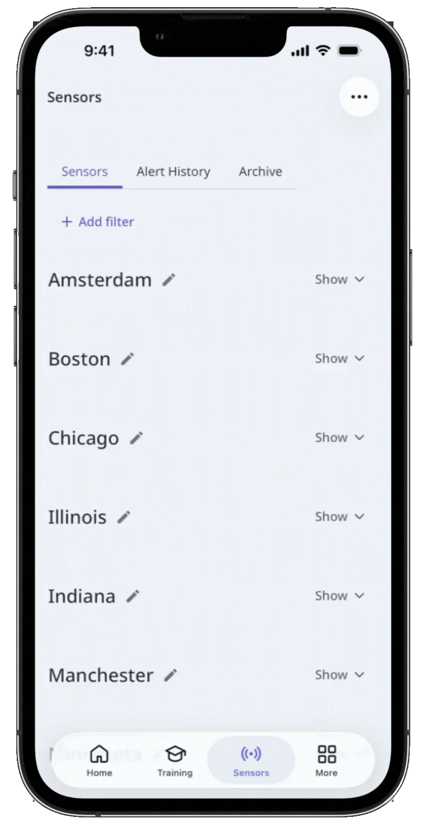 Tap a sensor from the list to view alert history.
