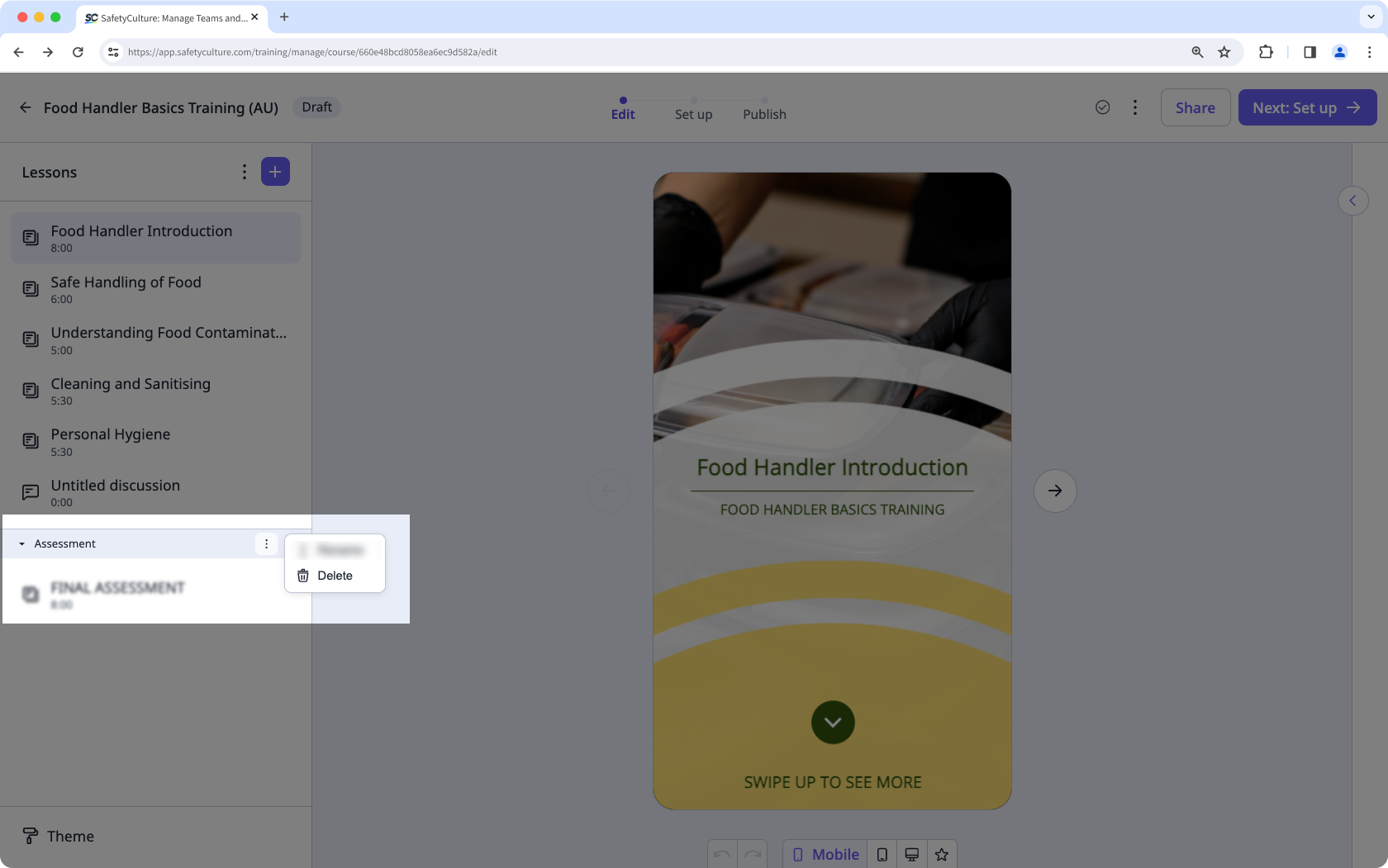 Supprimer une section de cours dans Formation depuis l'application Web de SafetyCulture