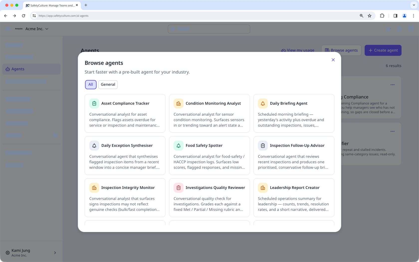 The Agents page with the template library open where you can select a predefined agent to start with.