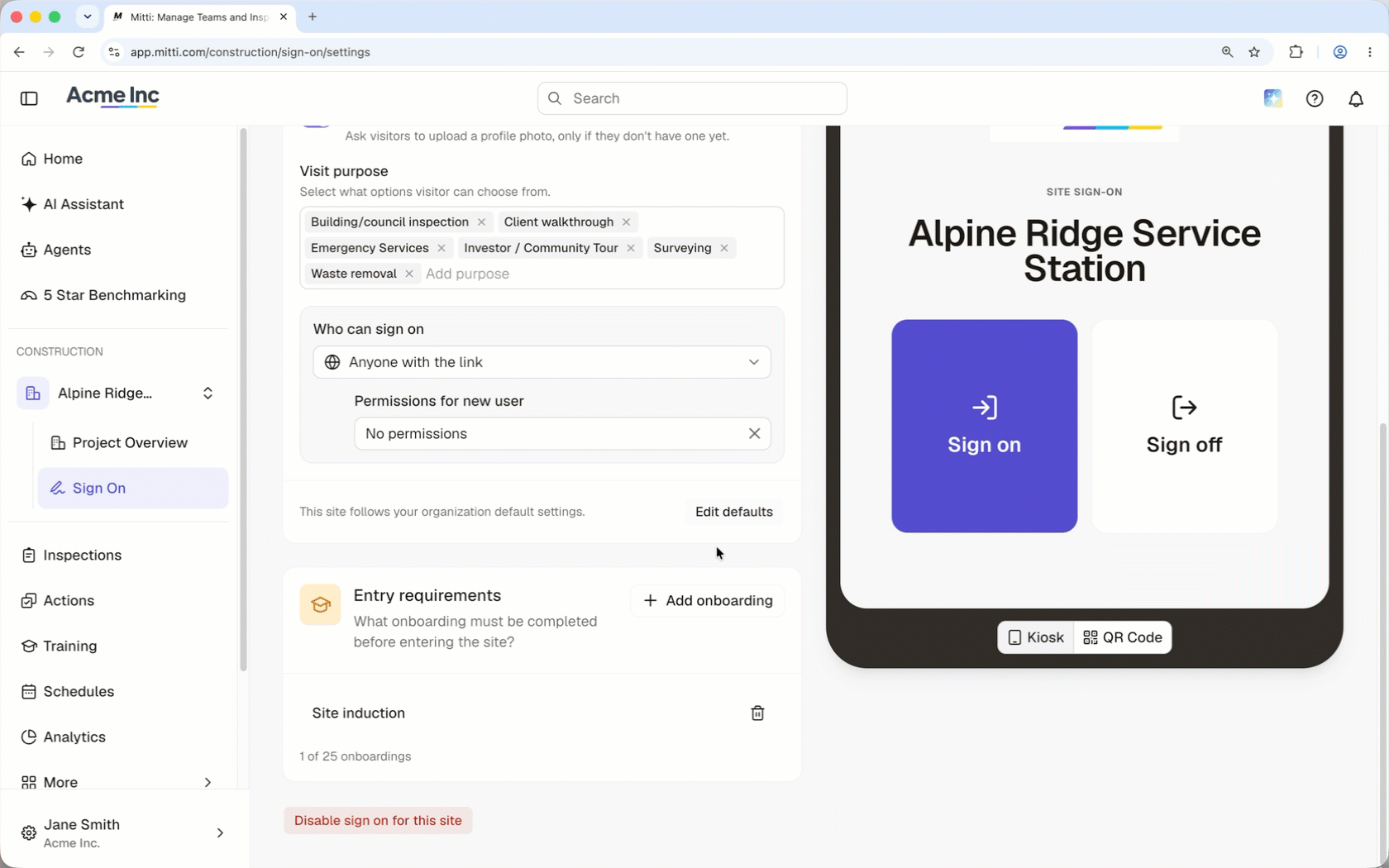Select an onboarding workflow to require workers and visitors to complete it before site entry.