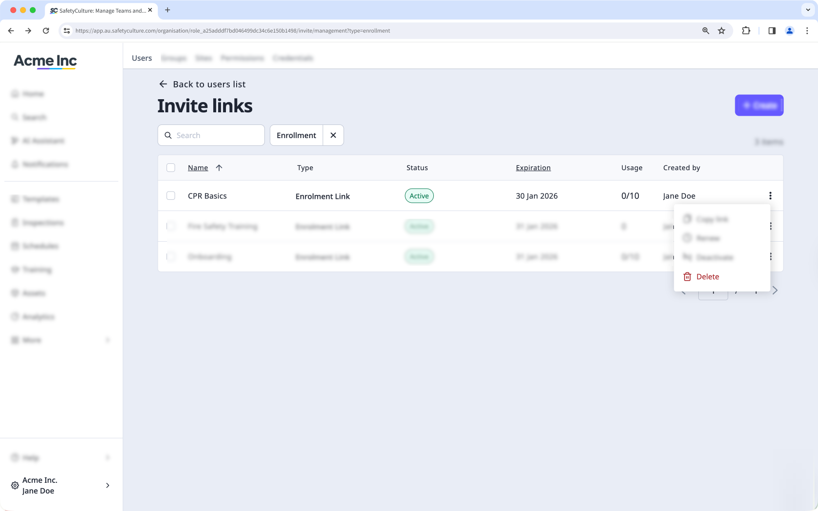 Eliminar un enlace de inscripción a través de la aplicación web.
