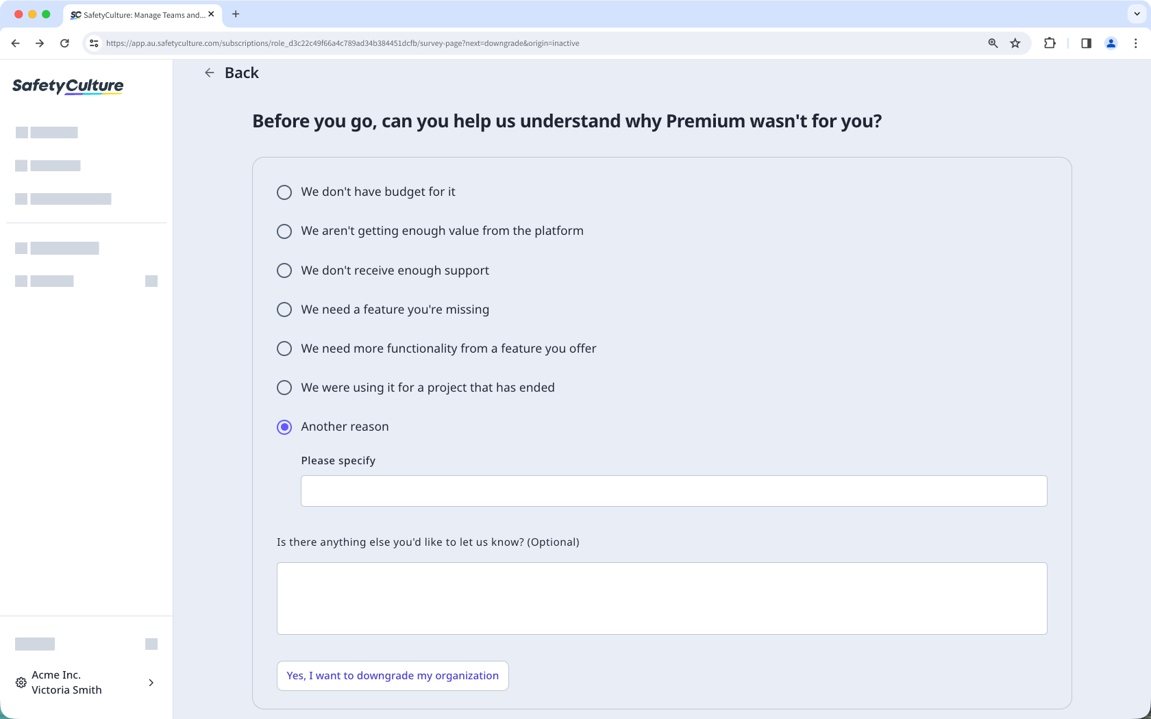 La page de confirmation de rétrogradation vers l'Offre Gratuite affichant les raisons de la rétrogradation avec le bouton « Oui, je souhaite rétrograder mon organisation » visible.