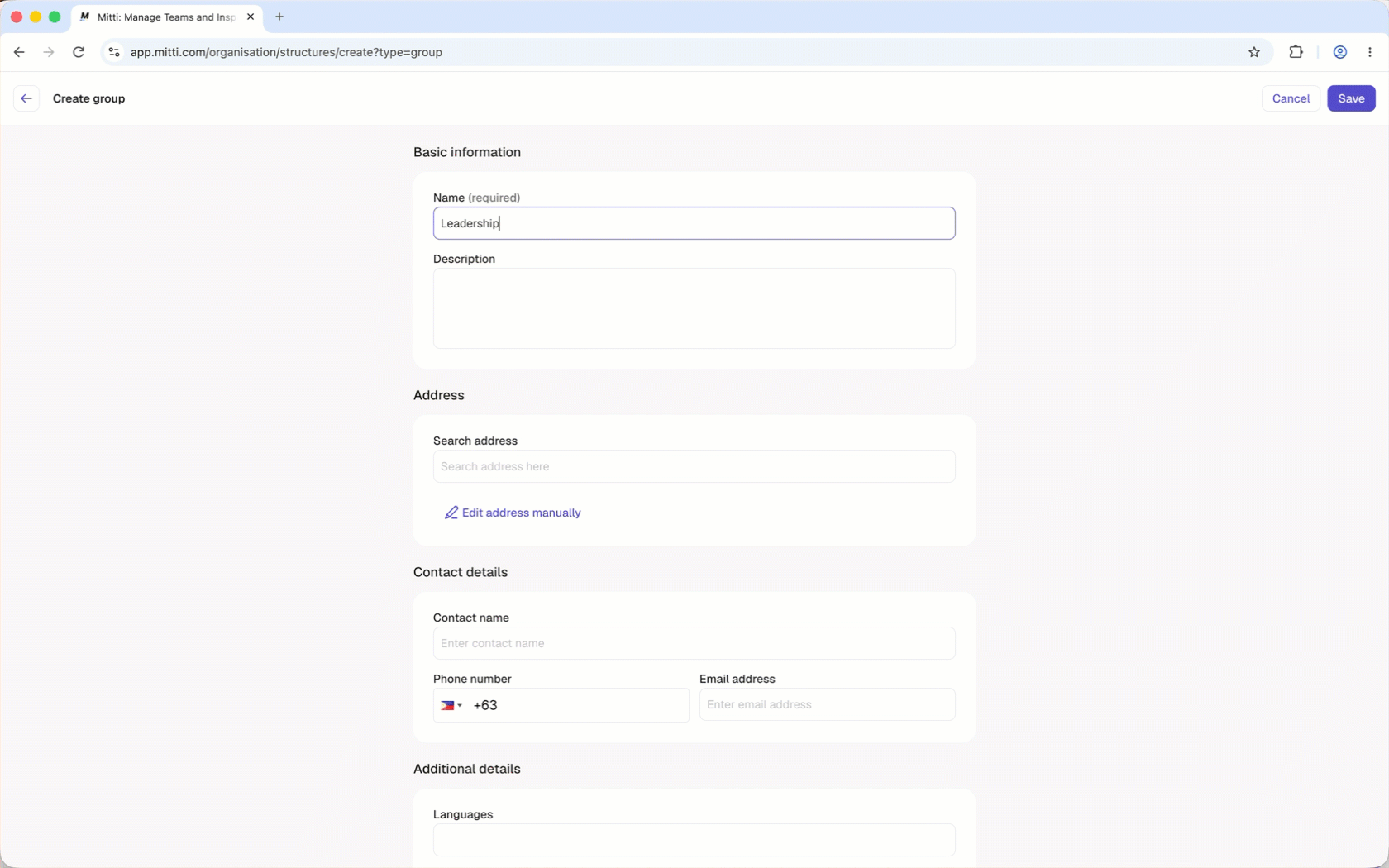 Configure the details and organization fields to create a group.