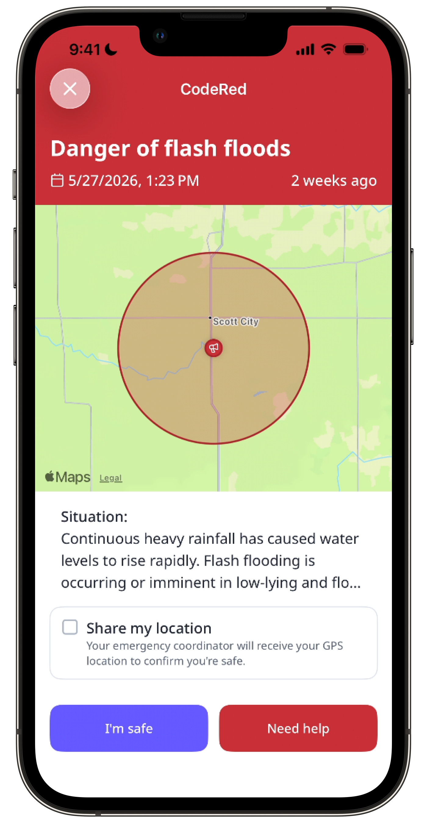 Code Red emergency alert showing the affected area on a map with options to share location, confirm safety, or request help.