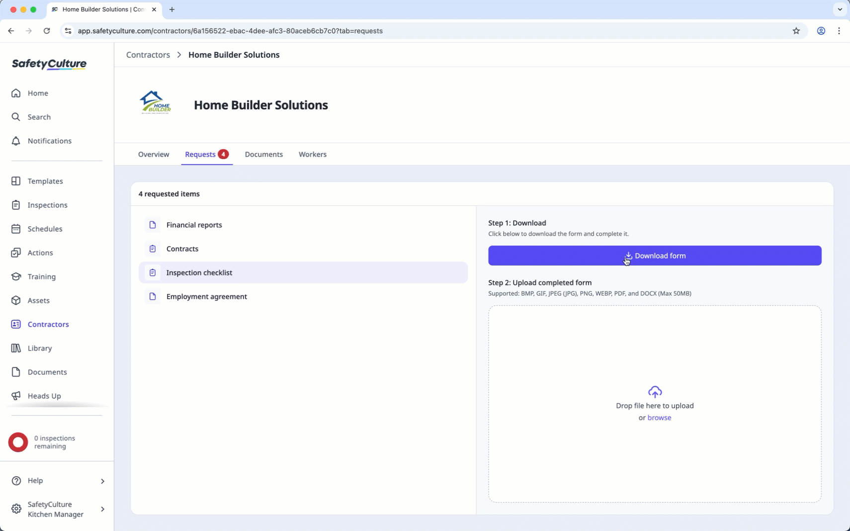 Upload document and form requests via the web app.