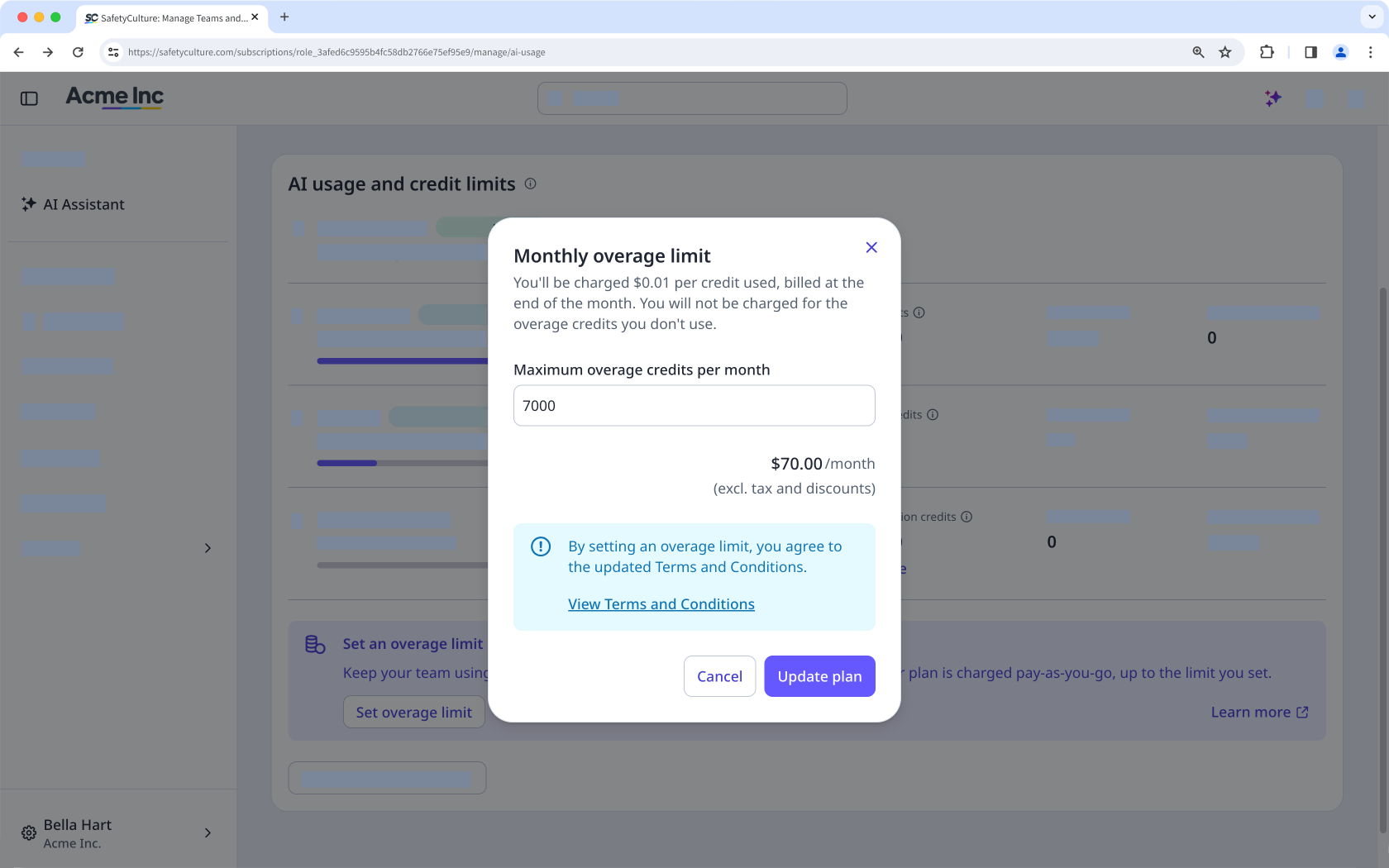 Monthly overage limit dialog with an input for maximum overage credits per month, the corresponding monthly cost, a link to the Terms and Conditions, and Cancel and Update plan buttons.