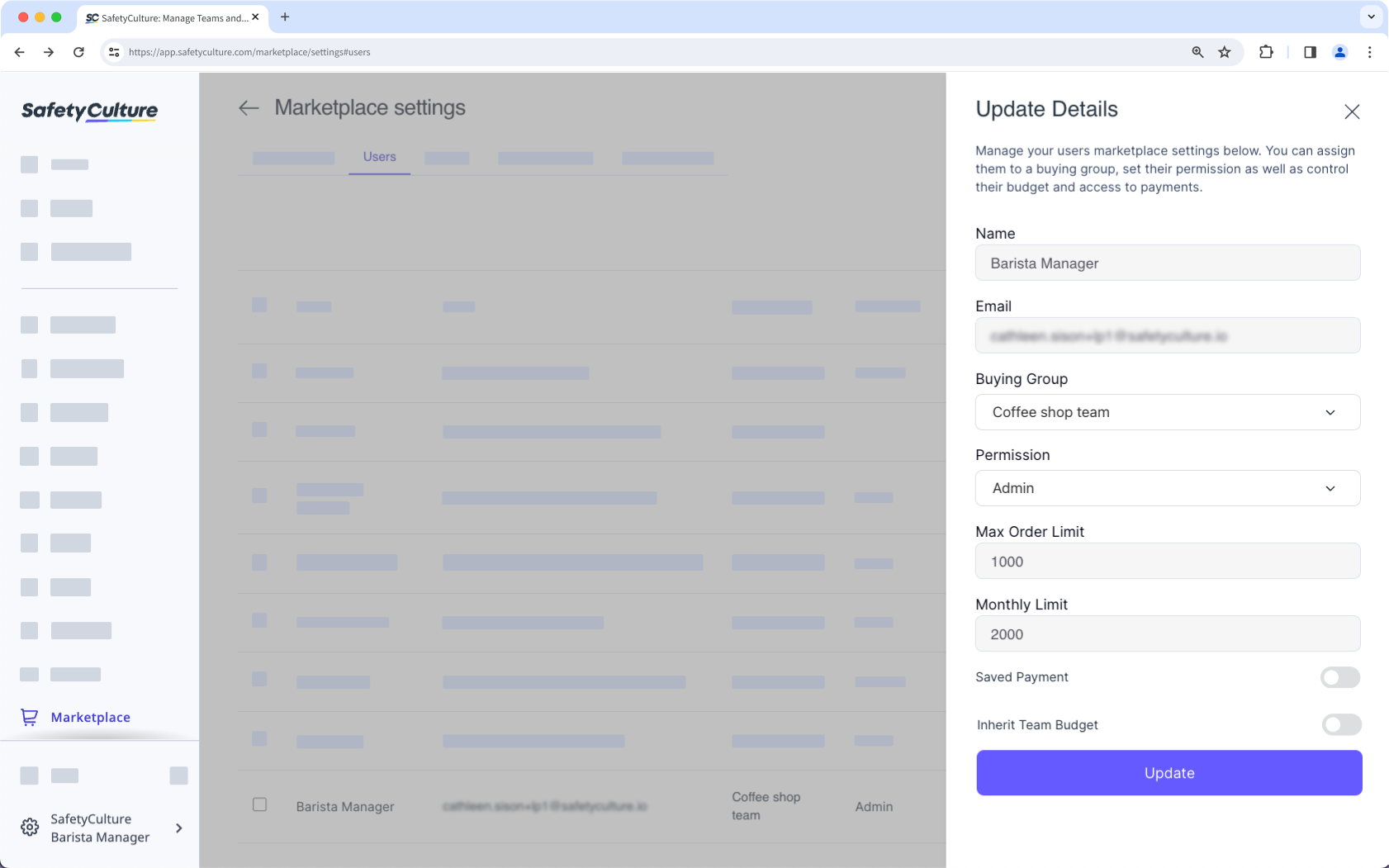 Gestione el presupuesto de un usuario en Marketplace a través de la aplicación web.