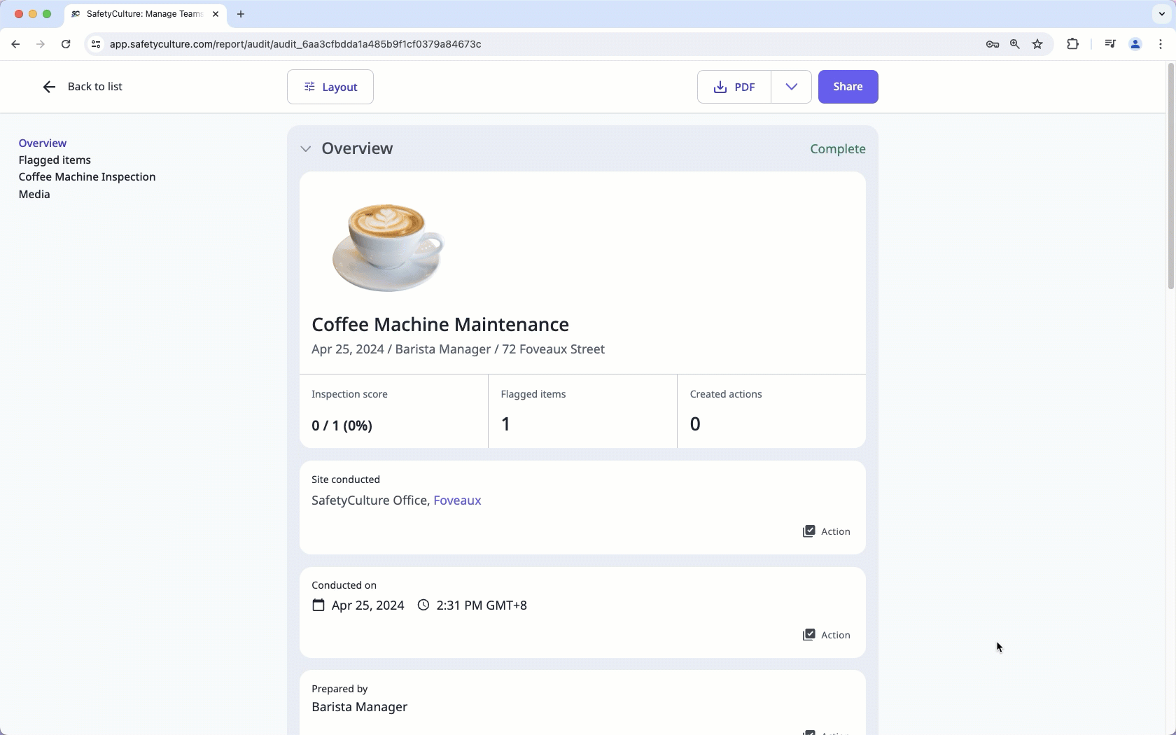 Create actions in inspection reports via the web app.