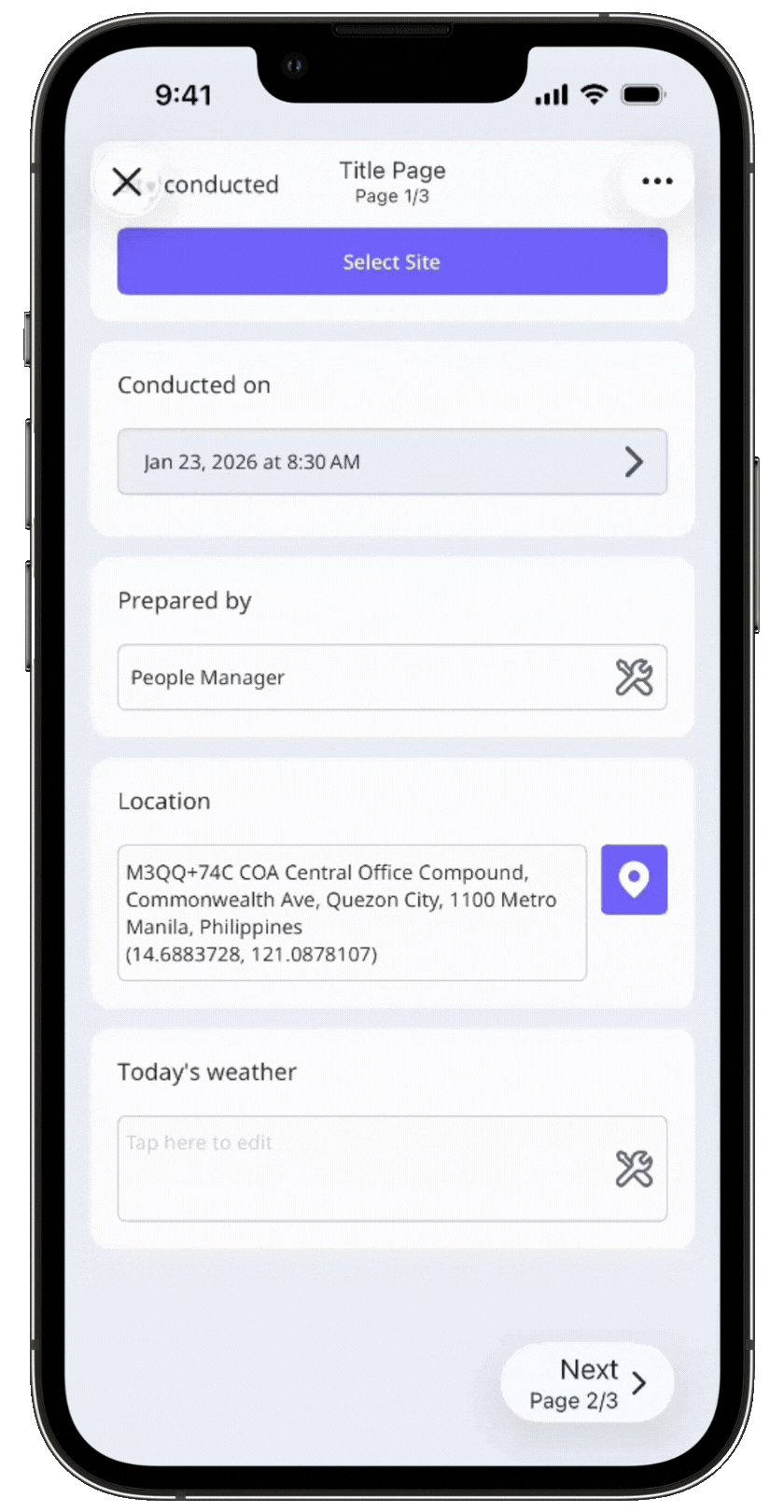 Capture weather details during an inspection via the iOS mobile app.
