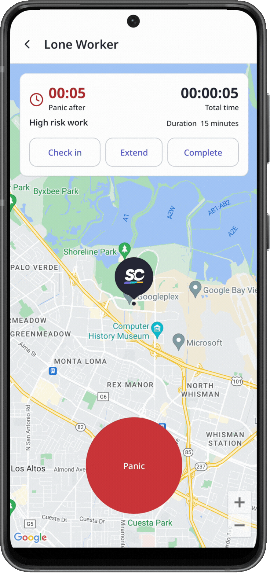 Eine Panik wird automatisch in einem aktiven Alleinarbeiter-Job in der Mobile-App gestartet.
