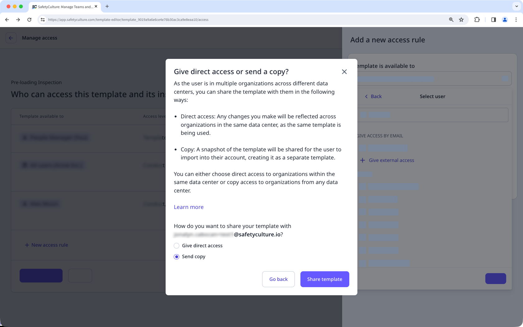 Compartir una plantilla con un usuario en otra organización a través de la aplicación web.