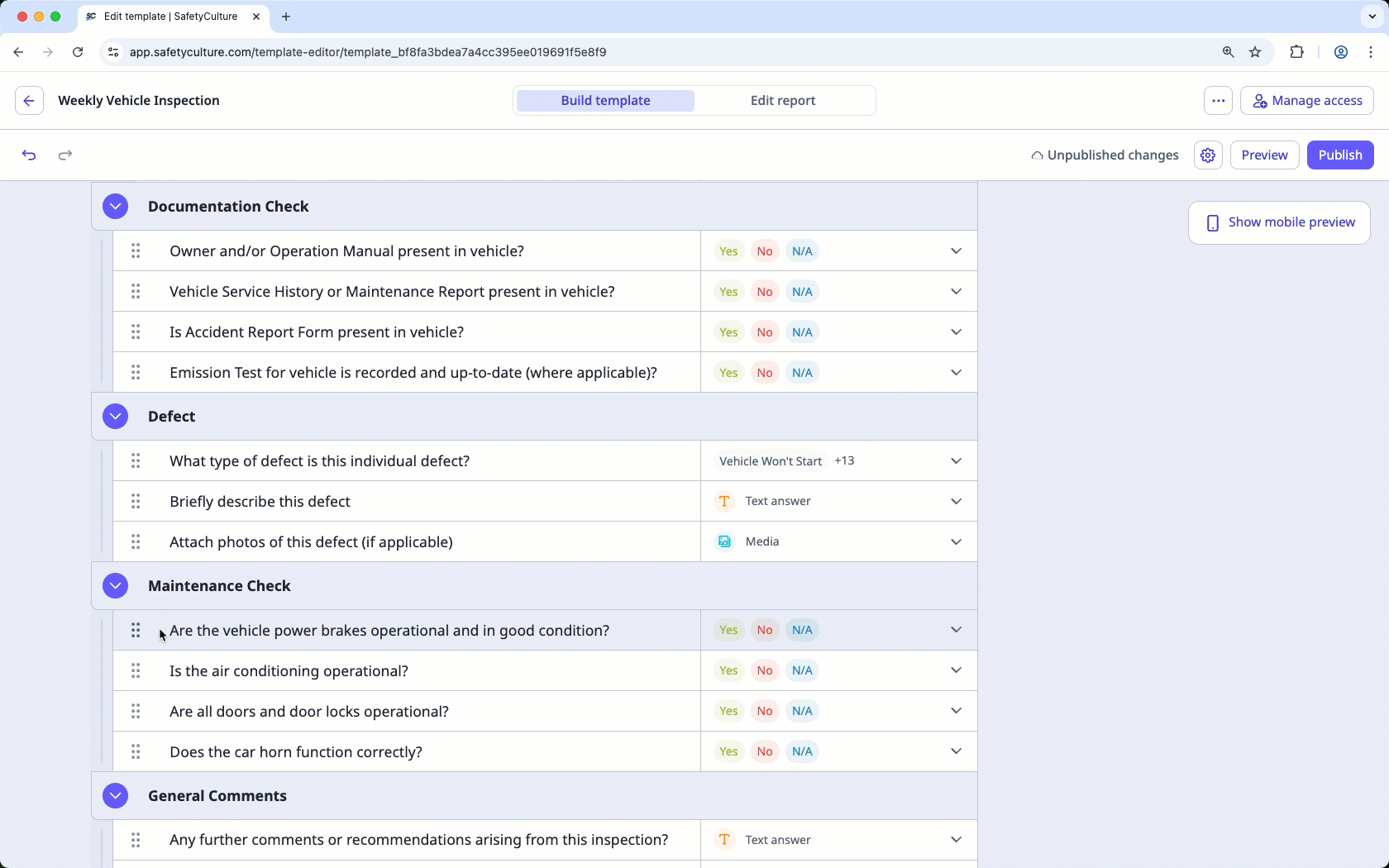 Move a section in the Template Editor via the web app.