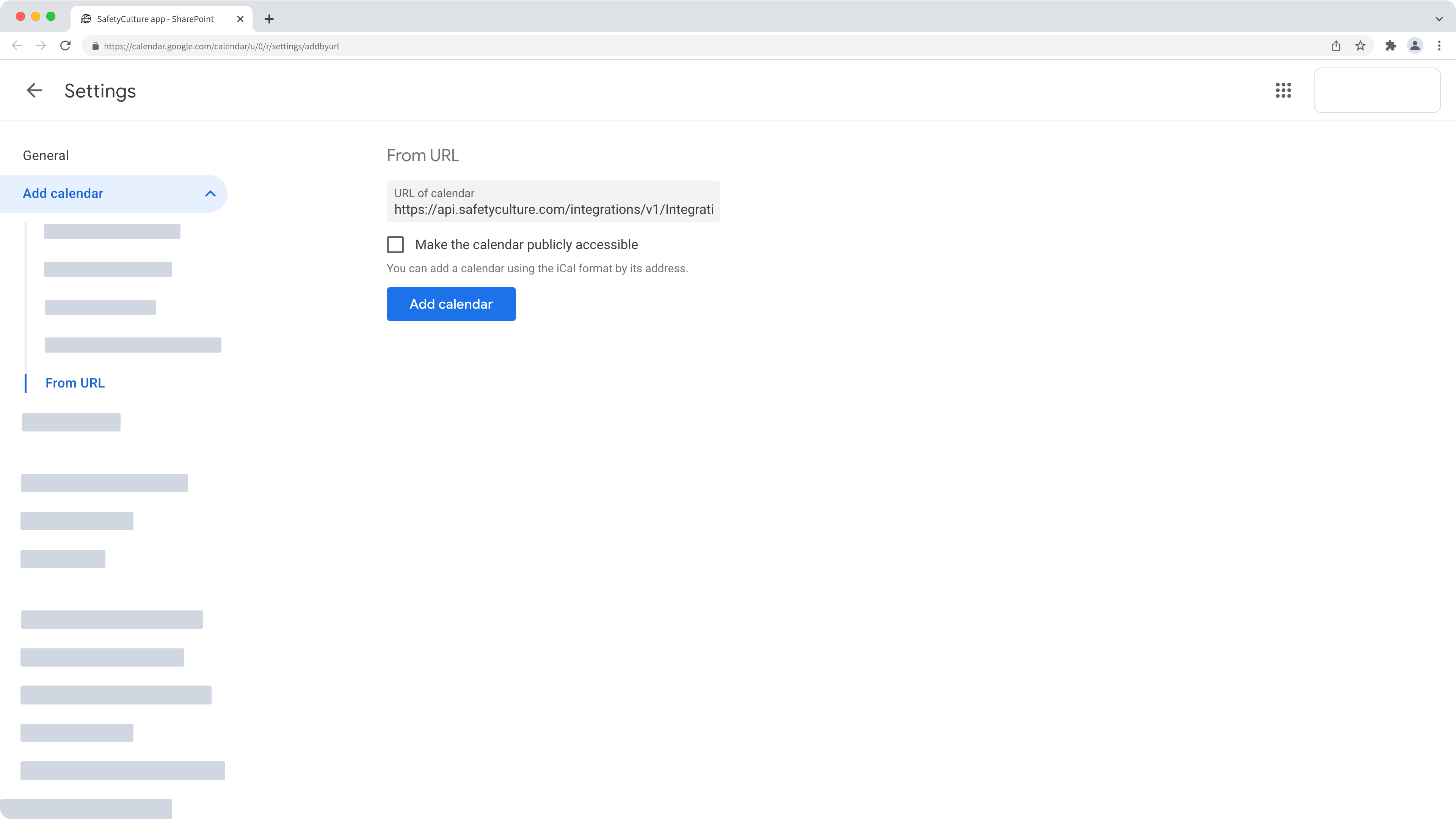 Ajouter le lien URL du calendrier dans Google Calendar via l'application Web.