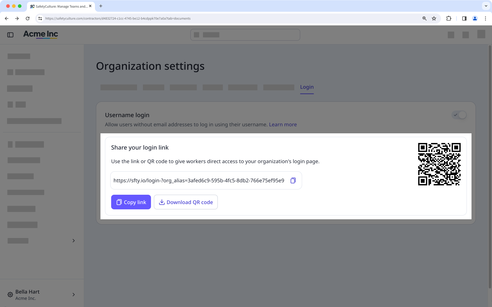 "Share your login link" section on the Organization settings Login tab, showing the login link or QR code of the organization.