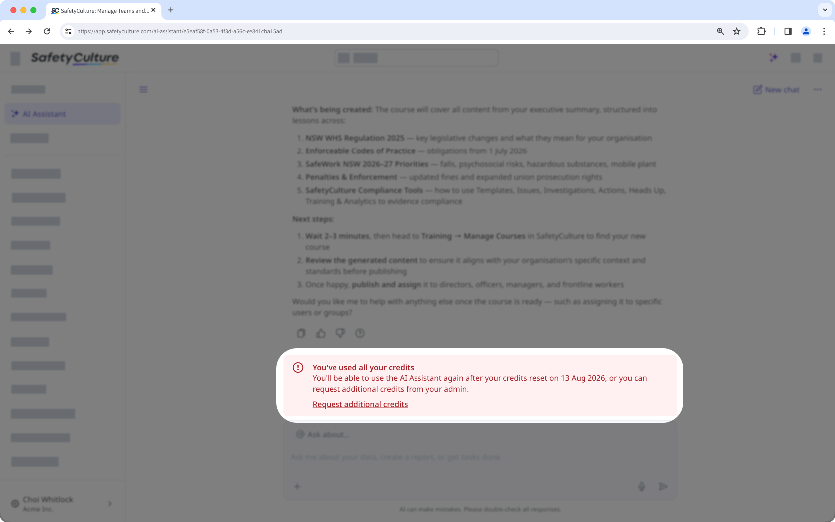 The AI Assistant with an error stating the user has reached their credit limit.