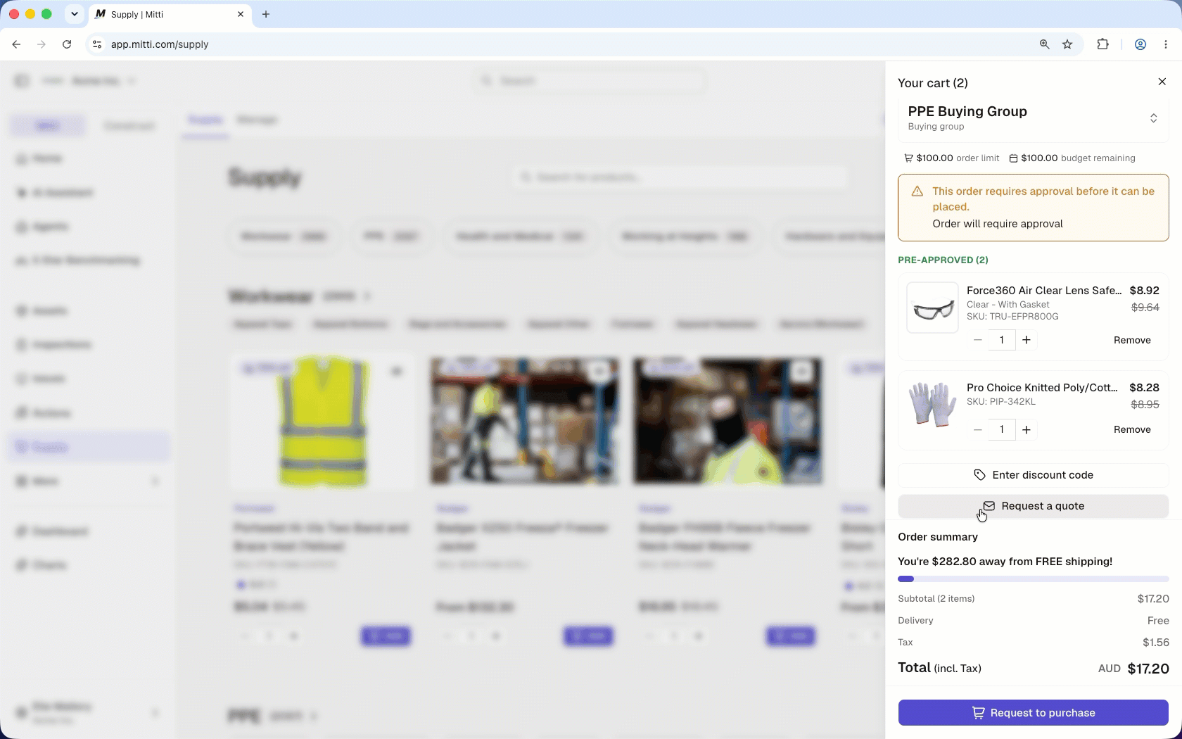 Select 'Request a quote' in the cart, choose a shipping address, and submit to request a quote.