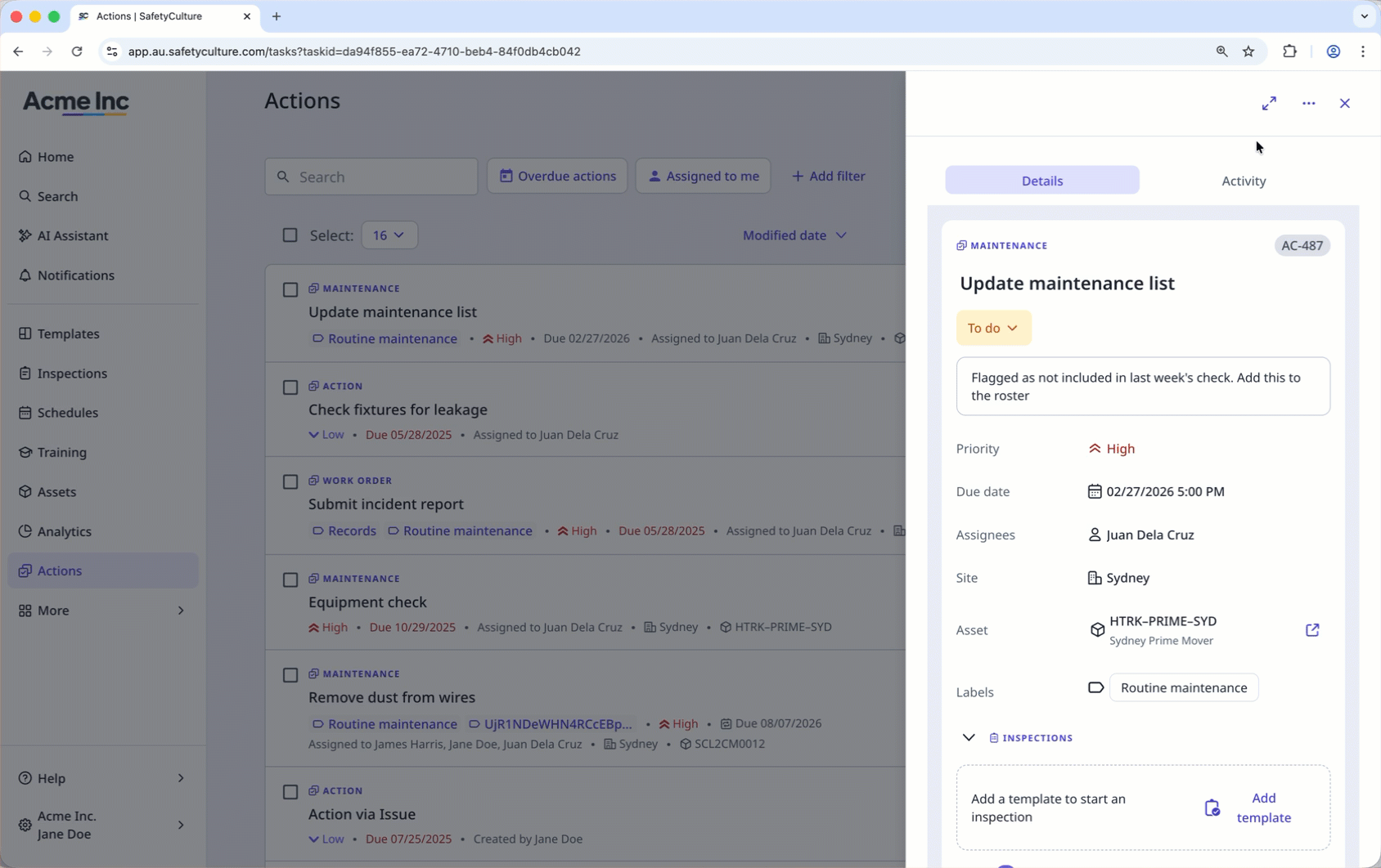 Copy an action link via the web app.