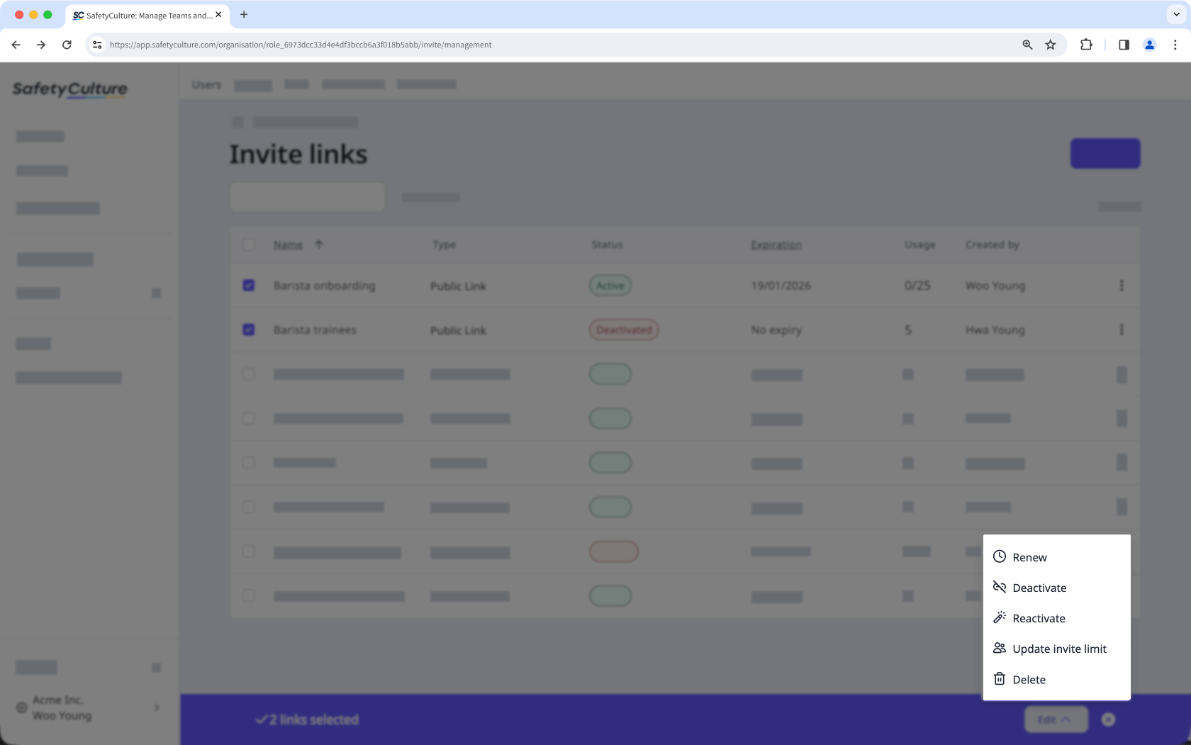 Mithilfe der Web-App Einladungslinks in großen Mengen bearbeiten und verwalten.
