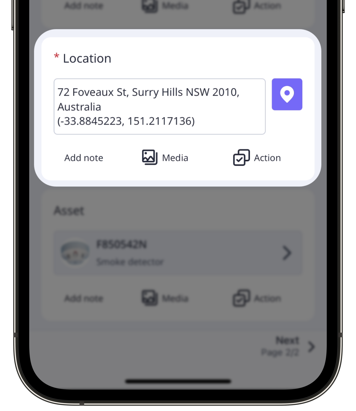 A title page in an inspection showing an inspection location on the mobile app