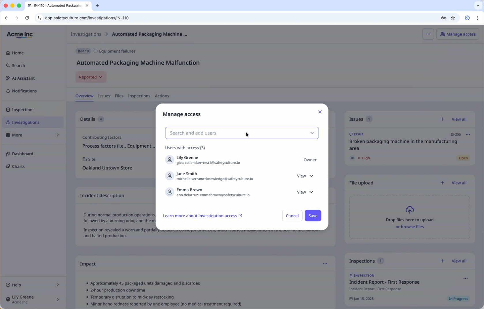 Search for a user and click the "Make owner" button to transfer ownership of an investigation.